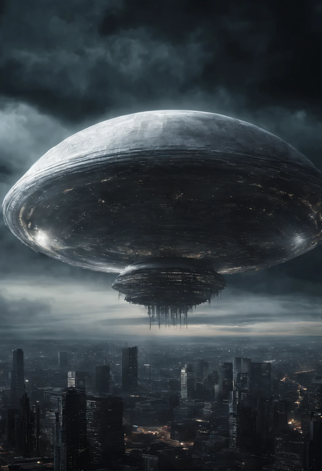 A photo-realistic capturing of the flying giant white discoid alien mothership with a huge diameter, hovering at an altitude of 1 kilometer above big city, interstellar, spaceship, (Best Quality, 16K, Masterpiece, Ultra HD:1.3, Huge detail, hyper realistic, epic scale, insane level of details)