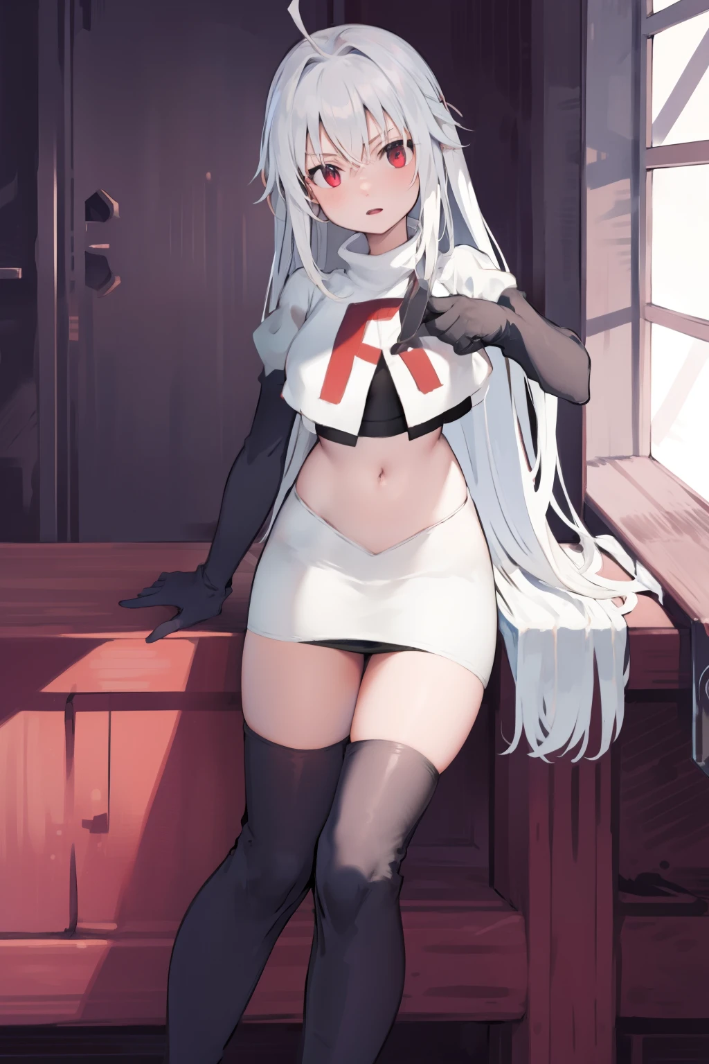 NinymGP, ahoge,best quality, masterpiece, highres, team rocket,team rocket uniform, red letter R, white skirt,white crop top,black thigh-highs,black elbow gloves,