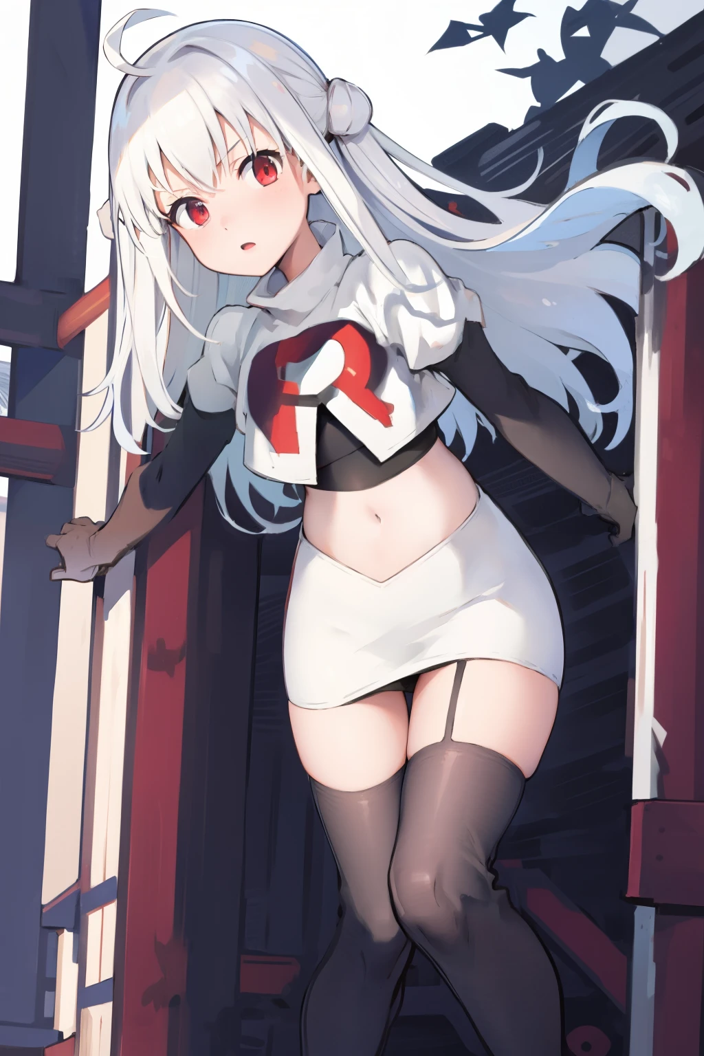 NinymGP, ahoge,best quality, masterpiece, highres, team rocket,team rocket uniform, red letter R, white skirt,white crop top,black thigh-highs,black elbow gloves,