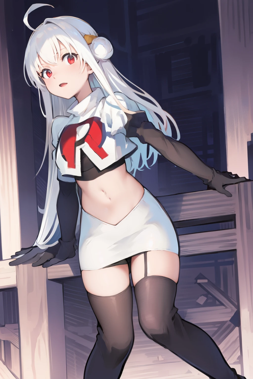 NinymGP, ahoge,best quality, masterpiece, highres, team rocket,team rocket uniform, red letter R, white skirt,white crop top,black thigh-highs,black elbow gloves,