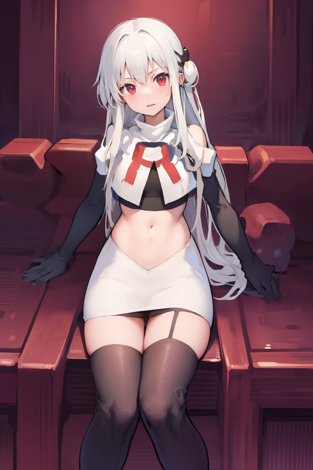 NinymGP, ahoge,best quality, masterpiece, highres, team rocket,team rocket uniform, red letter R, white skirt,white crop top,black thigh-highs,black elbow gloves,