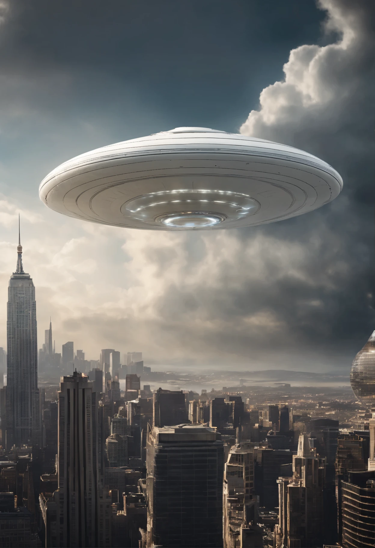 A photo-realistic capturing of the flying giant white discoid alien mothership with a huge diameter, hovering at an altitude of 1 kilometer above big city, interstellar, spaceship, (Best Quality, 16K, Masterpiece, Ultra HD:1.3, Huge detail, hyper realistic, epic scale, insane level of details)