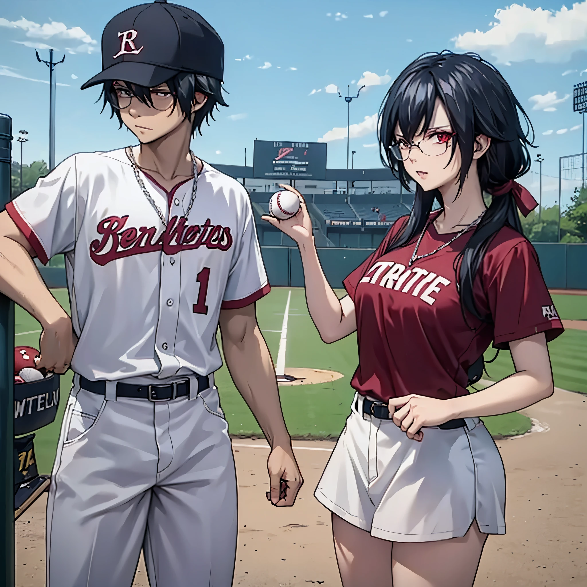 a man and a woman (eye red) playing baseball together
