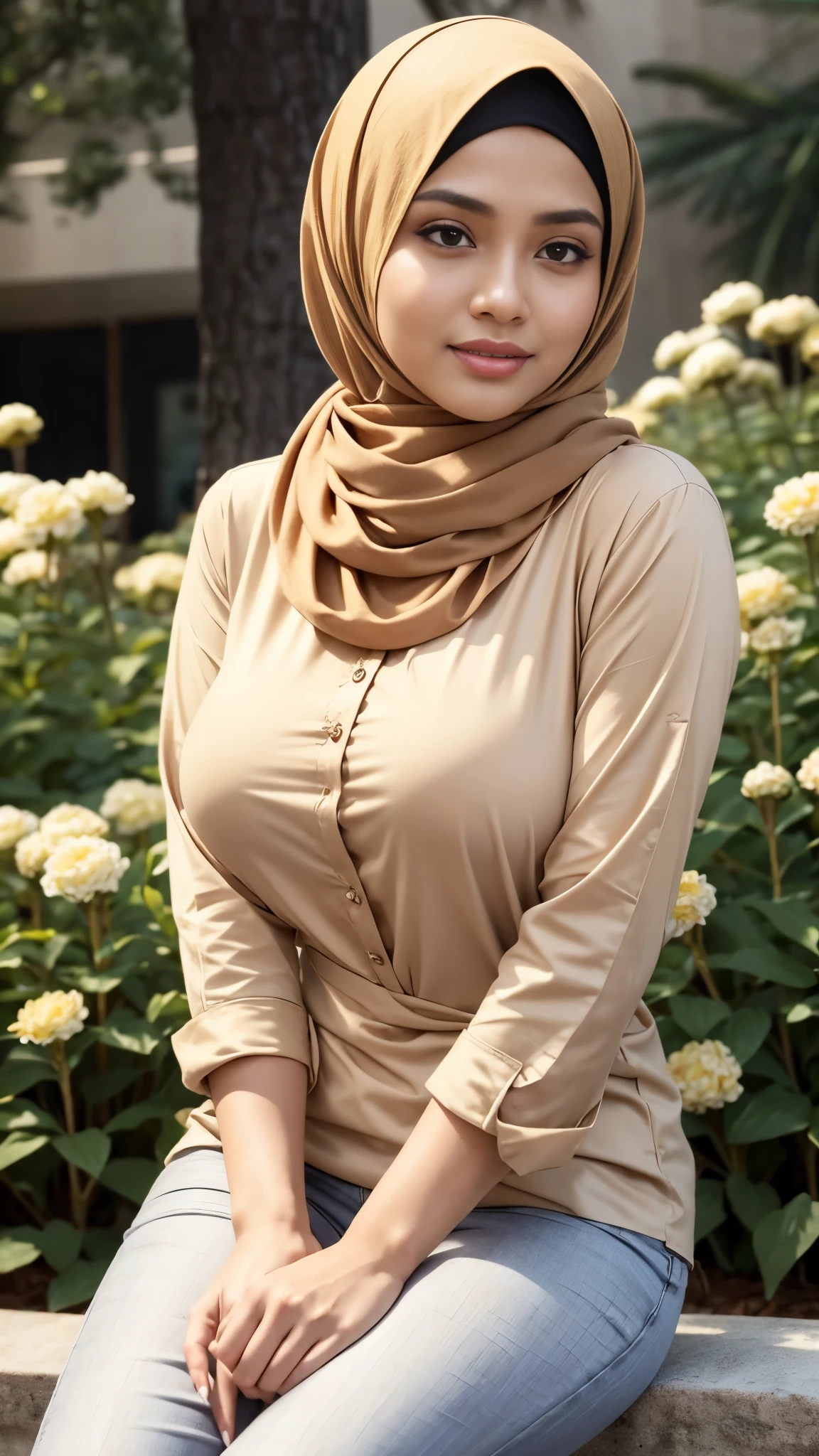RAW, Best quality, high resolution, masterpiece: 1.3), beautiful Malay woman in hijab,Masterpiece, perfect fit body, ((Huge breast)), biggorgeous eyes, Soft smile,full body,wearing a hijab and a scarf sitting on a garden flowers, gold shirt, wear's beige shirt, cream colored blouse, wearing a blouse, wearing in shirt, elegant slim beige shirt, brown shirt, wearing elegant casual clothes, long shirt, modern casual clothing, casual modern clothing, hijab, with lovely look, fancy top, City garden, Excellent lighting, Bright colors, Clean lines