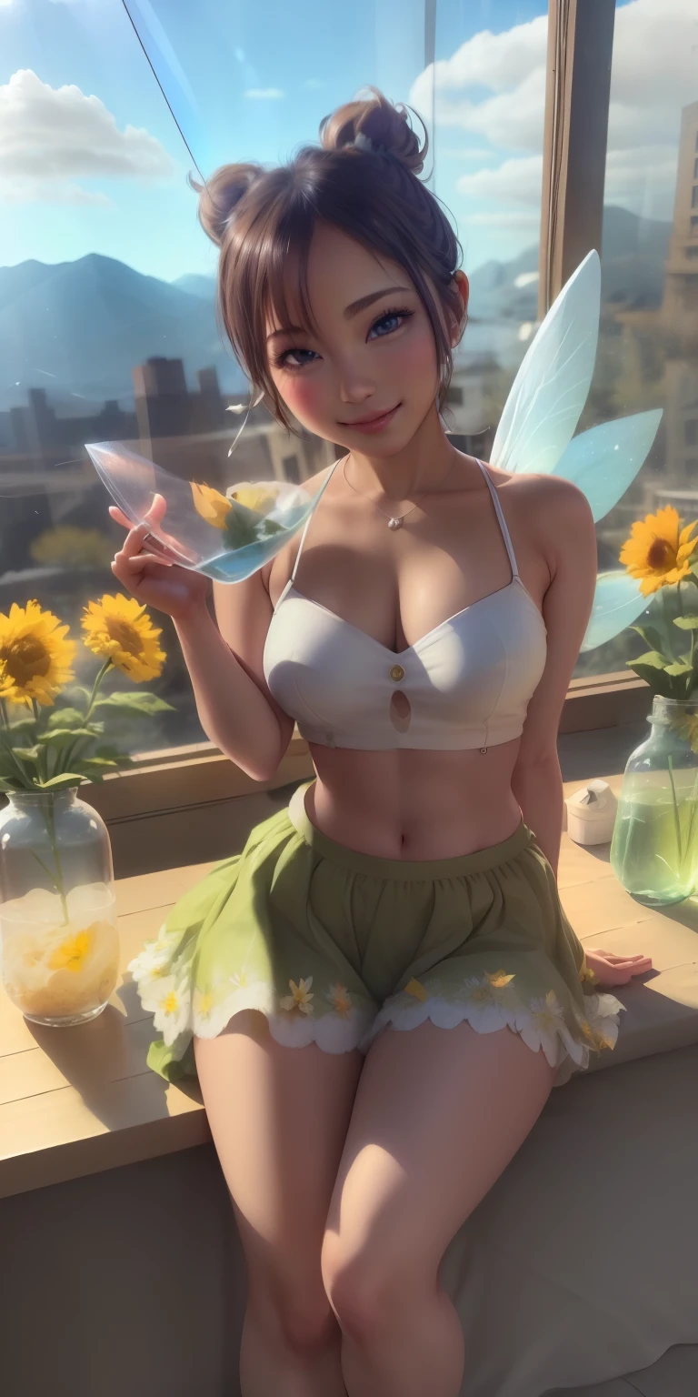 (Tinker Wife:1),Tinker Bell、mini skirt、clear feathers、 smile, cute, cute pose, looking at the viewer, thick thighs, single hair bun hair, sp legs、show white panties,ponytail hair, (Strapless Green Dress:1),grassland、flower garden、sunflower、 (fairy wings), are flying, (chest focus:1.2), From above,
(realistic:1.2), (realism), (masterpiece:1.2), (highest quality), (Super detailed), (8K, 4K, Complex),(full body shot:1),(cowboy shot:1.2), (85mm),particles of light, lit, (very detailed:1.2),(detailed face:1.2), (Gradation), software, colorful,(fine eyes:1.2),
(detailed landscape, in a glass bottle:1.2),(detailed background),detailed landscape, (dynamic angle:1.2), (dynamic pose:1.2), (third law_composition:1.3), (Action range:1.2), wide shot, dawn, alone,