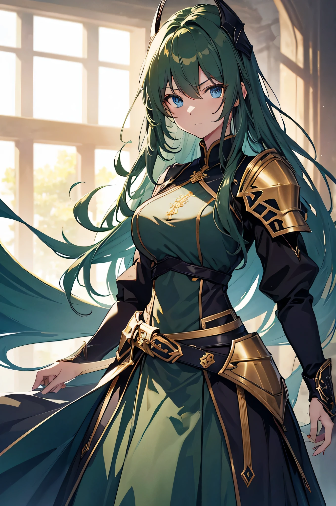 4K,High resolution,one woman,dark green hair,long hair,blue eyes,knight,黒色のknightの鎧,heavy armor,knightのヘッドバイザー,gold decoration,big sword,Inside the castle