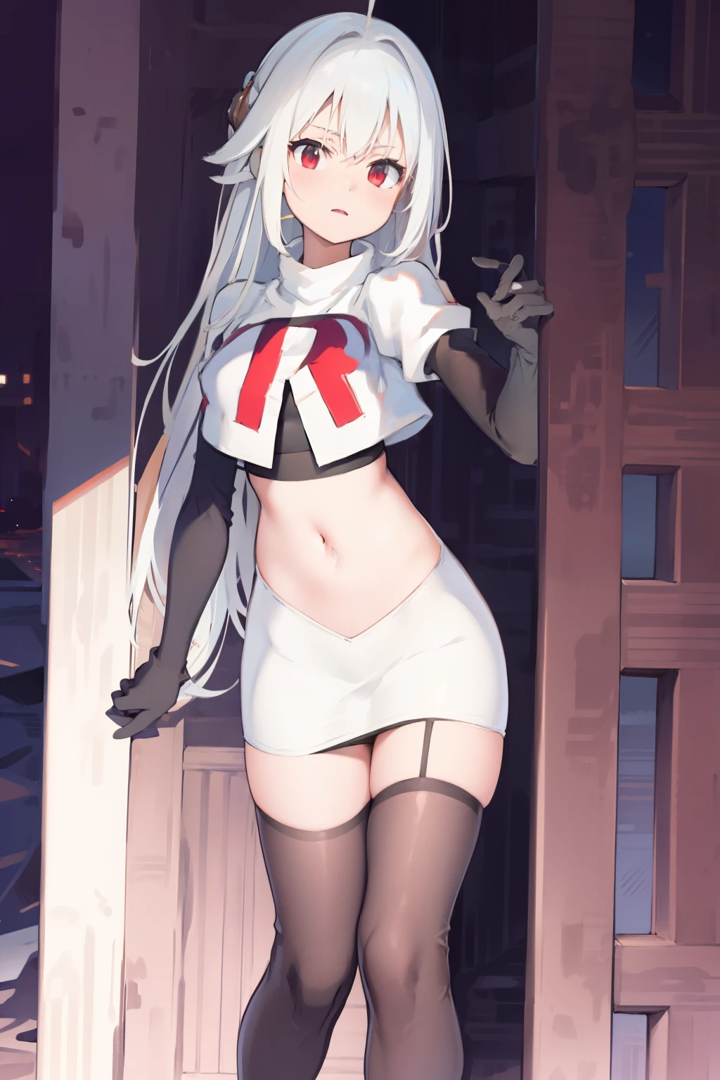 NinymGP, ahoge,best quality, masterpiece, highres, team rocket,team rocket uniform, red letter R, white skirt,white crop top,black thigh-highs,black elbow gloves,