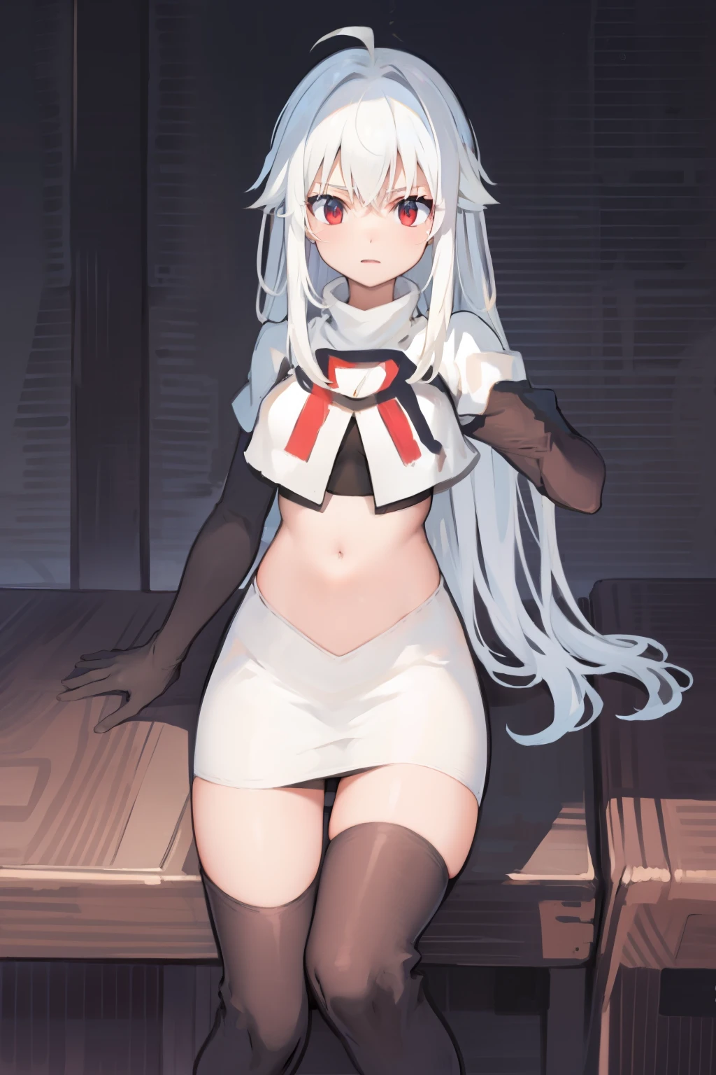 NinymGP, ahoge,best quality, masterpiece, highres, team rocket,team rocket uniform, red letter R, white skirt,white crop top,black thigh-highs,black elbow gloves,