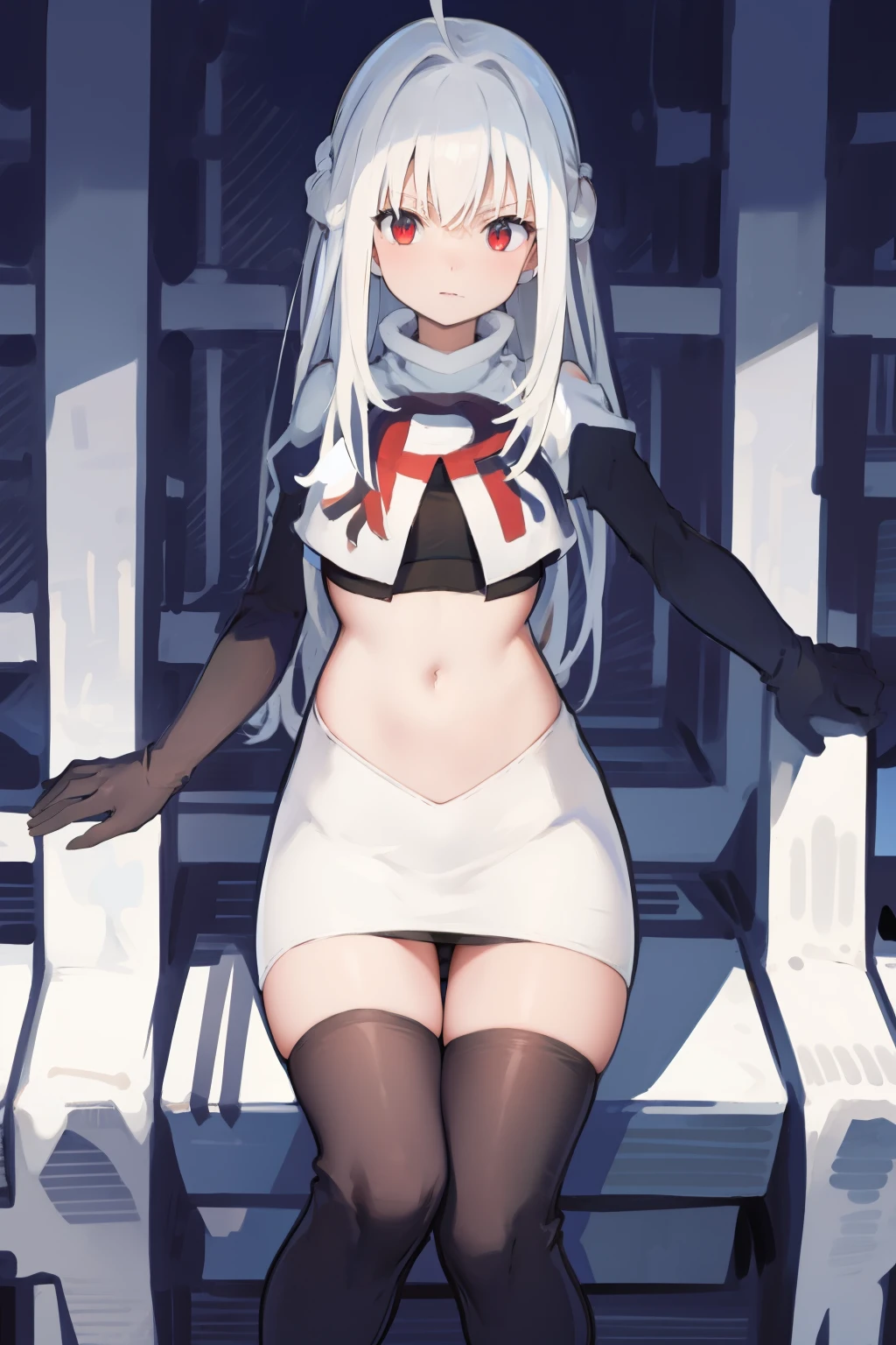 NinymGP, ahoge,best quality, masterpiece, highres, team rocket,team rocket uniform, red letter R, white skirt,white crop top,black thigh-highs,black elbow gloves,