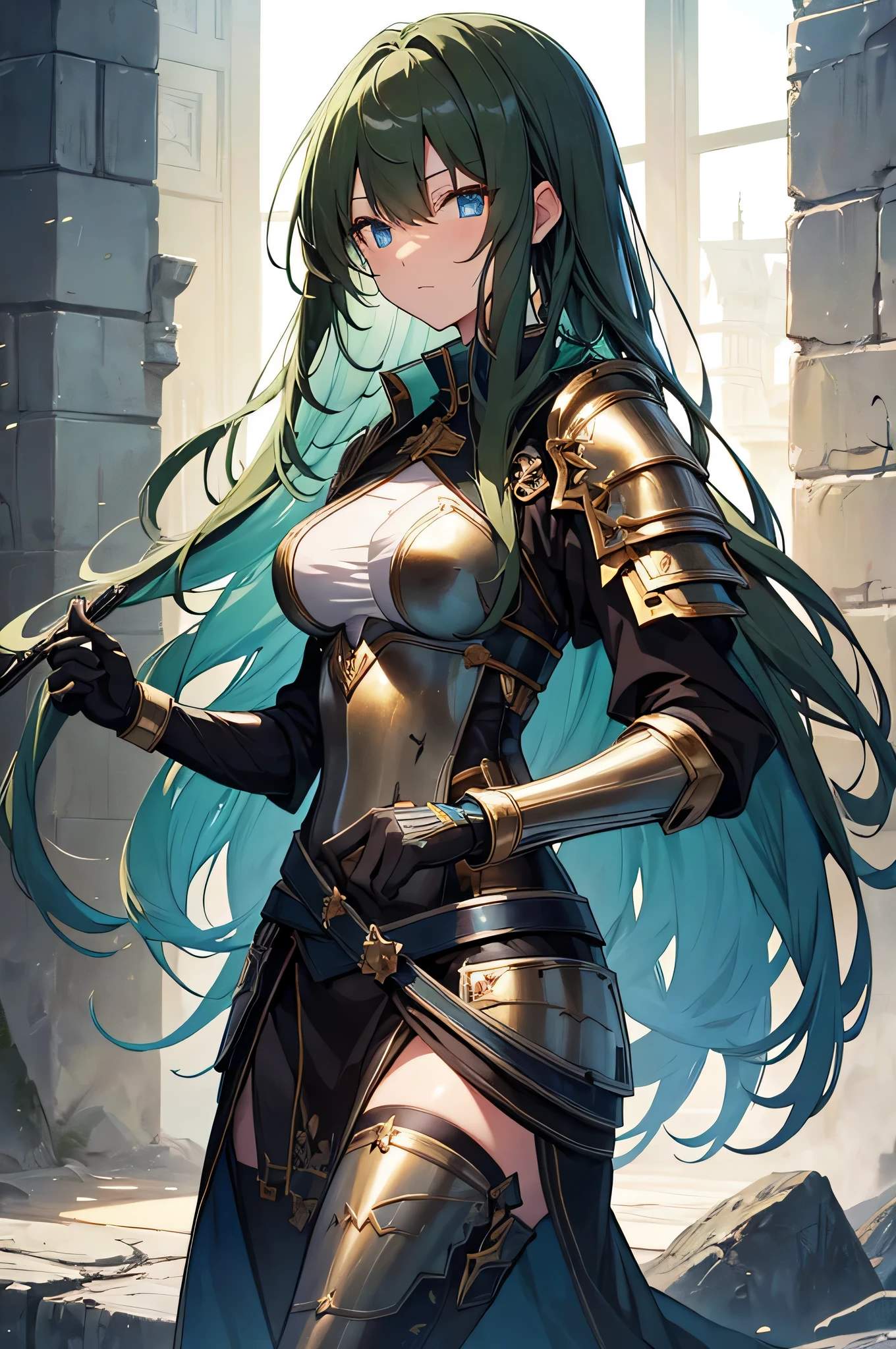 4K,High resolution,one woman,dark green hair,long hair,blue eyes,knight,黒色のknightの鎧,heavy armor,knightのヘッドバイザー,gold decoration,big sword,Inside the castle