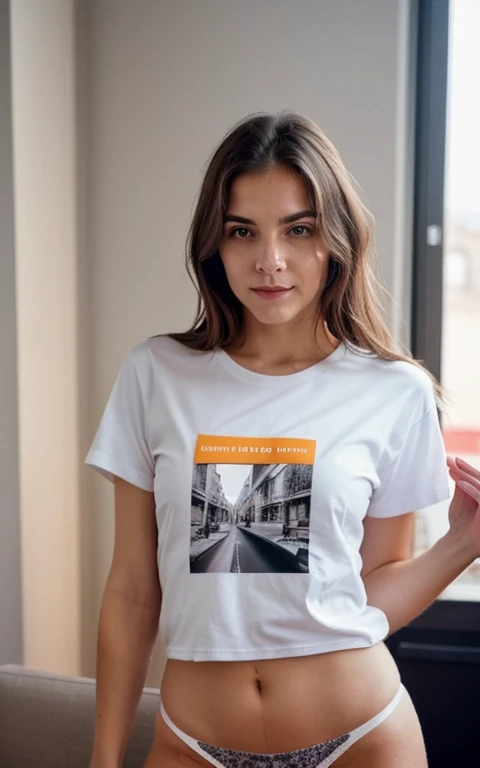 photorealistic, sharp focus, raw photo, amateur photo, beautiful 29 y.o American, take a selfie, no panties, t-shirt, detailed skin pores & face texture, pores,moles (goosebumbs:0.7), dynamic pose, looking at viewer, face focus, taken with mobile cam, film grain