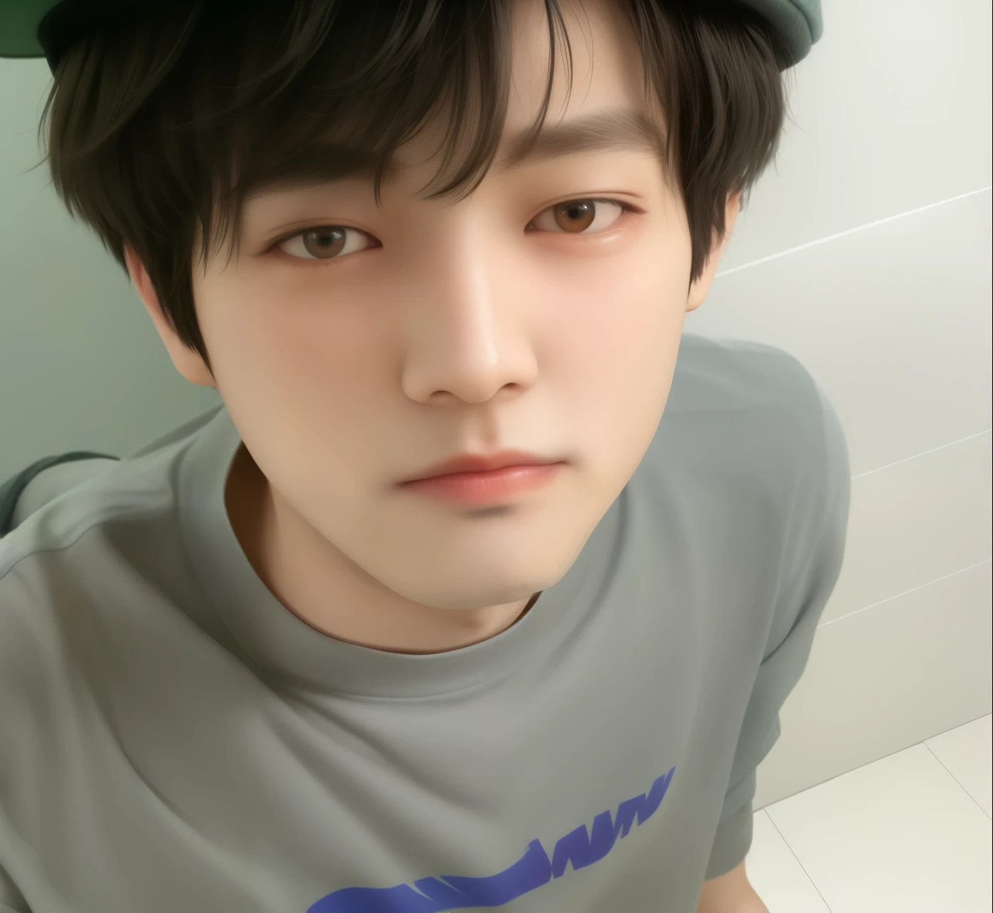 there is a young man with a gray shirt and a black hat, jung jaehyun, wan adorable korean face, cai xukun, jinyoung shin, taejune kim, hyung tae, jimin\'s right eyelid swollen, jimin\'s grecian nose, jimin\'s plump lips, jimin, male ulzzang, hong june hyung, jaeyeon nam