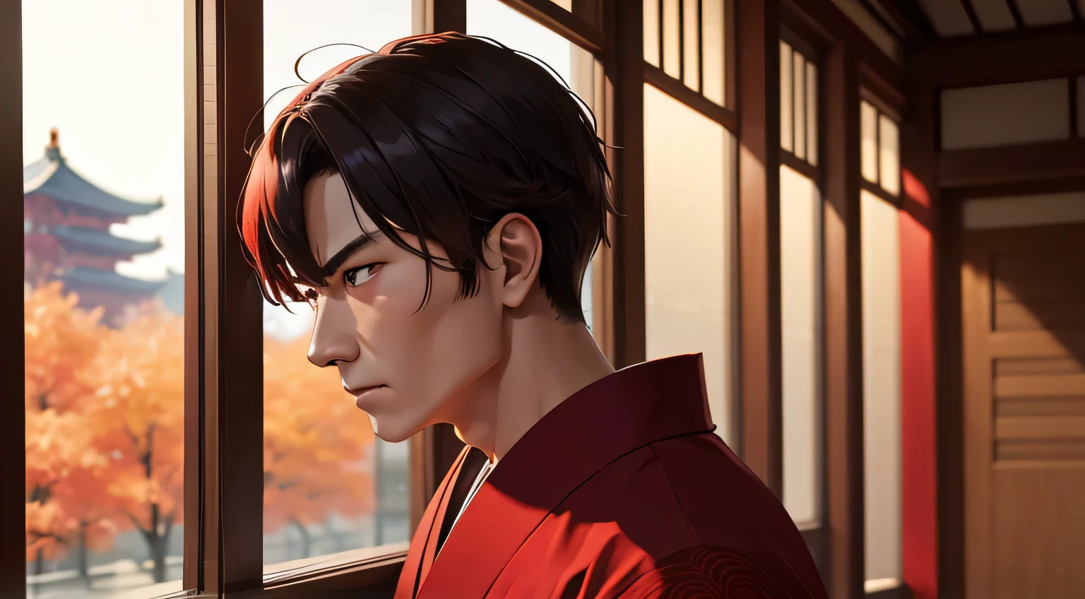 male, Chinese civil servant, Red kimono, red aura, middle aged, anger,facing this way