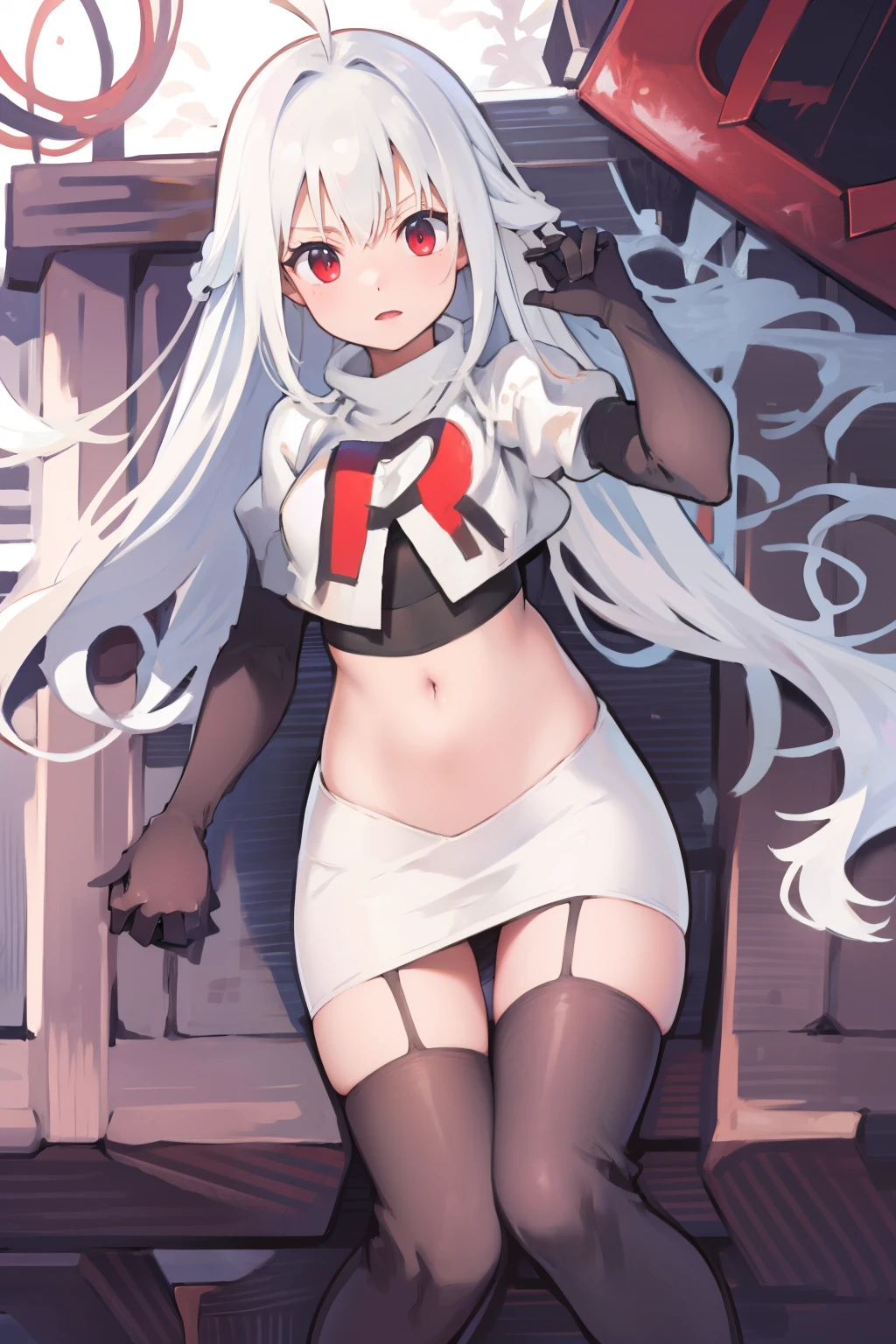 NinymGP, ahoge,best quality, masterpiece, highres, team rocket,team rocket uniform, red letter R, white skirt,white crop top,black thigh-highs,black elbow gloves,