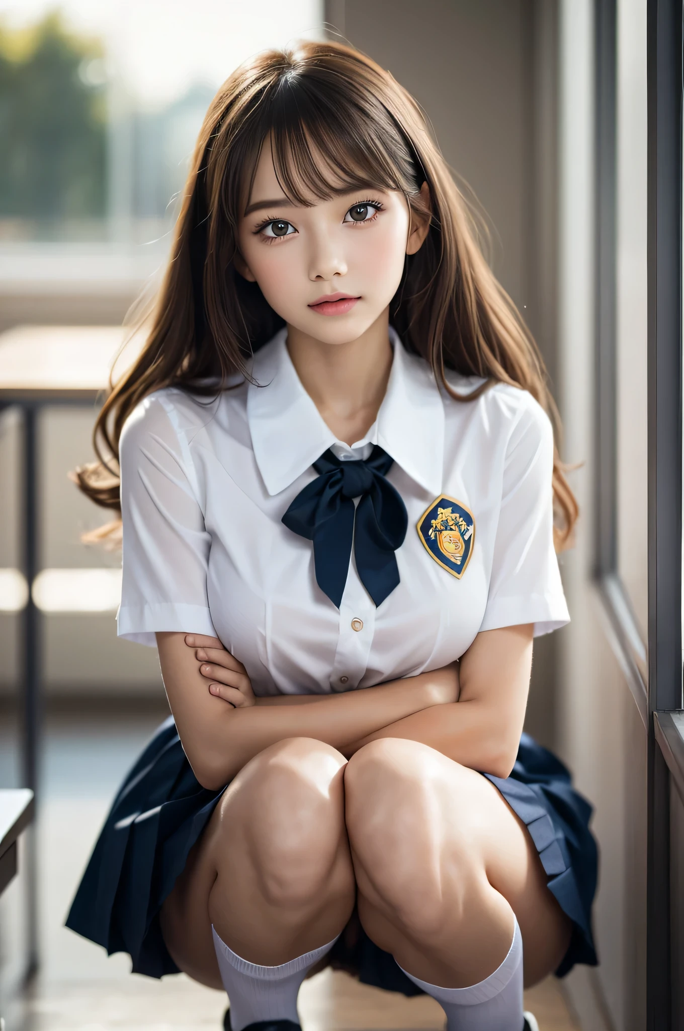 (1young girl), (highly detailed Beautiful face), Amazing face and eyes, (Best Quality:1.4), (Ultra-detailed), (extremely detailed CG unified 8k wallpaper), Highly detailed, High-definition raw color photos, Professional Photography, Realistic portrait, Amazing face and eyes, Pink eyes, (hi-school uniform, pleated mini skirt:1.3), (High school uniform with wide open breasts:1.4), twintails, brown hair, model,  (((Bokeh))), depth of fields, School, classroom, (squatting:1.2), (lace panties:1.2), view from below