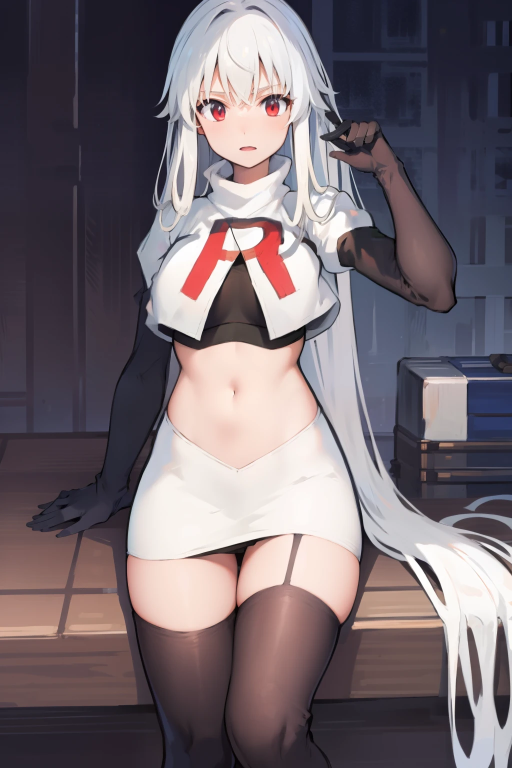 NinymGP, ahoge,best quality, masterpiece, highres, team rocket,team rocket uniform, red letter R, white skirt,white crop top,black thigh-highs,black elbow gloves,