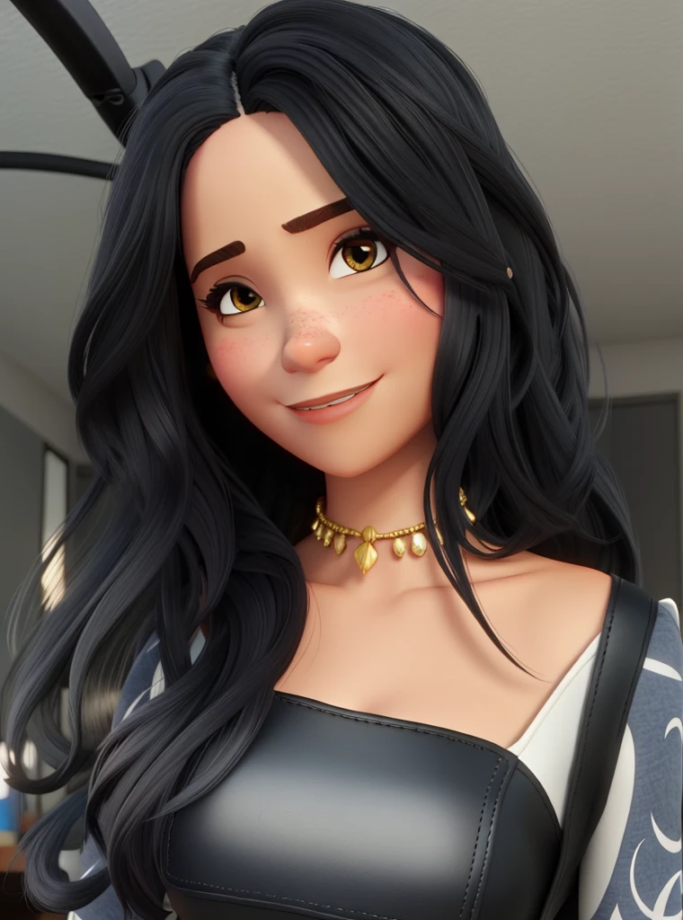 Uma mulher, cabelo preto, estilo disney pixar, boa qualidade