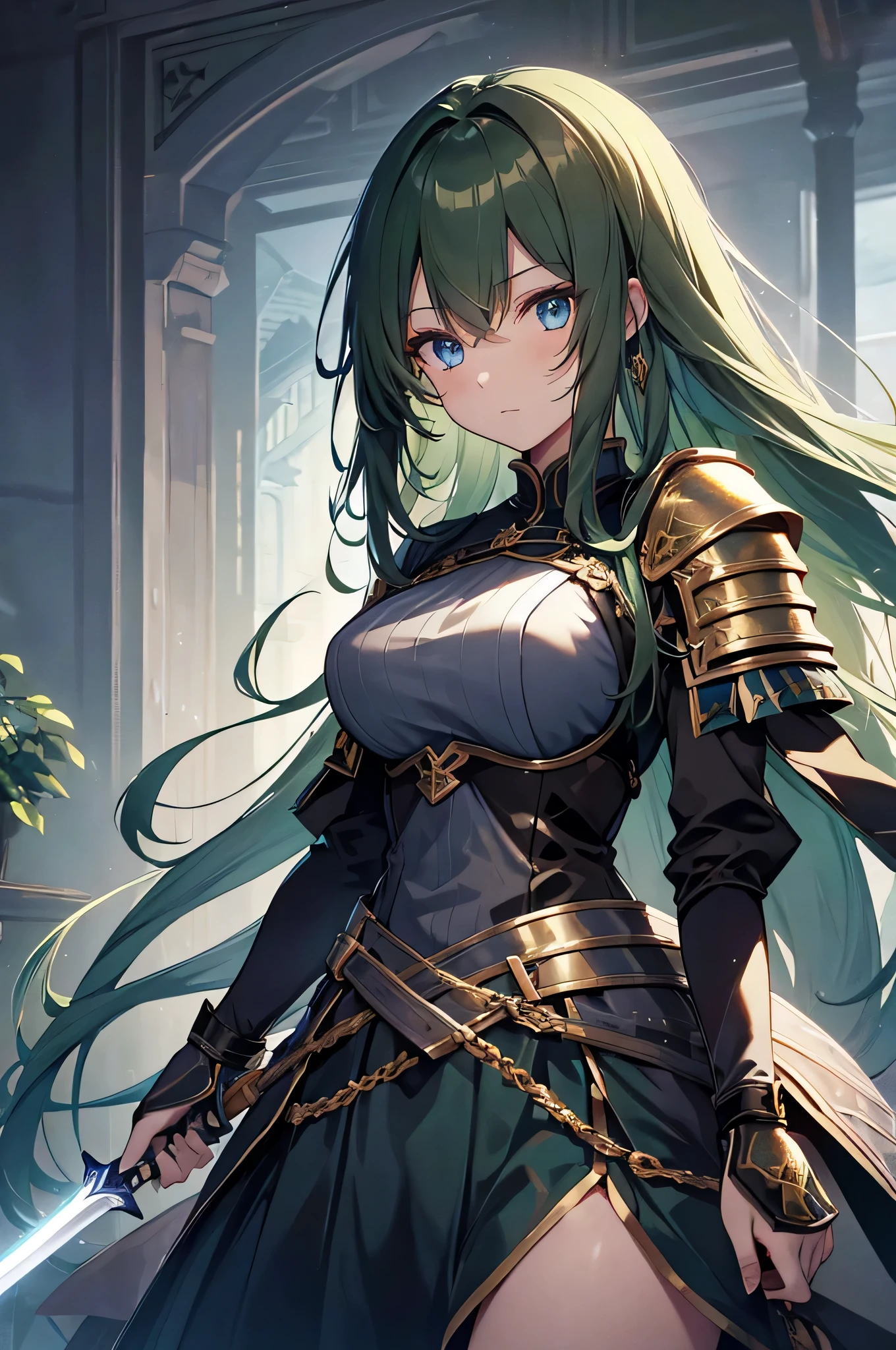 4K,High resolution,one woman,dark green hair,long hair,blue eyes,knight,黒色のknightの鎧,heavy armor,knightのヘッドバイザー,gold decoration,big sword,Inside the castle