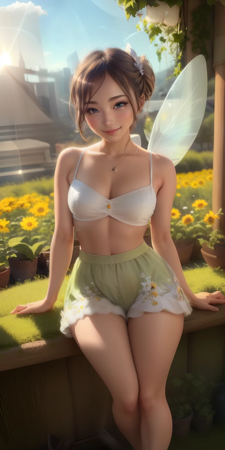 (Tinker Wife:1),Tinker Bell、mini skirt、clear feathers、 smile, cute, cute pose, looking at the viewer, thick thighs, single hair bun hair, sp legs、show white panties,ponytail hair, (Strapless Green Dress:1),grassland、flower garden、sunflower、 (fairy wings), are flying, (chest focus:1.2), From above, 
(realistic:1.2), (realism), (masterpiece:1.2), (highest quality), (Super detailed), (8K, 4K, Complex),(full body shot:1),(cowboy shot:1.2), (85mm),particles of light, lit, (very detailed:1.2),(detailed face:1.2), (Gradation), software, colorful,(fine eyes:1.2),
(detailed landscape, in a glass bottle:1.2),(detailed background),detailed landscape, (dynamic angle:1.2), (dynamic pose:1.2), (third law_composition:1.3), (Action range:1.2), wide shot, dawn, alone,