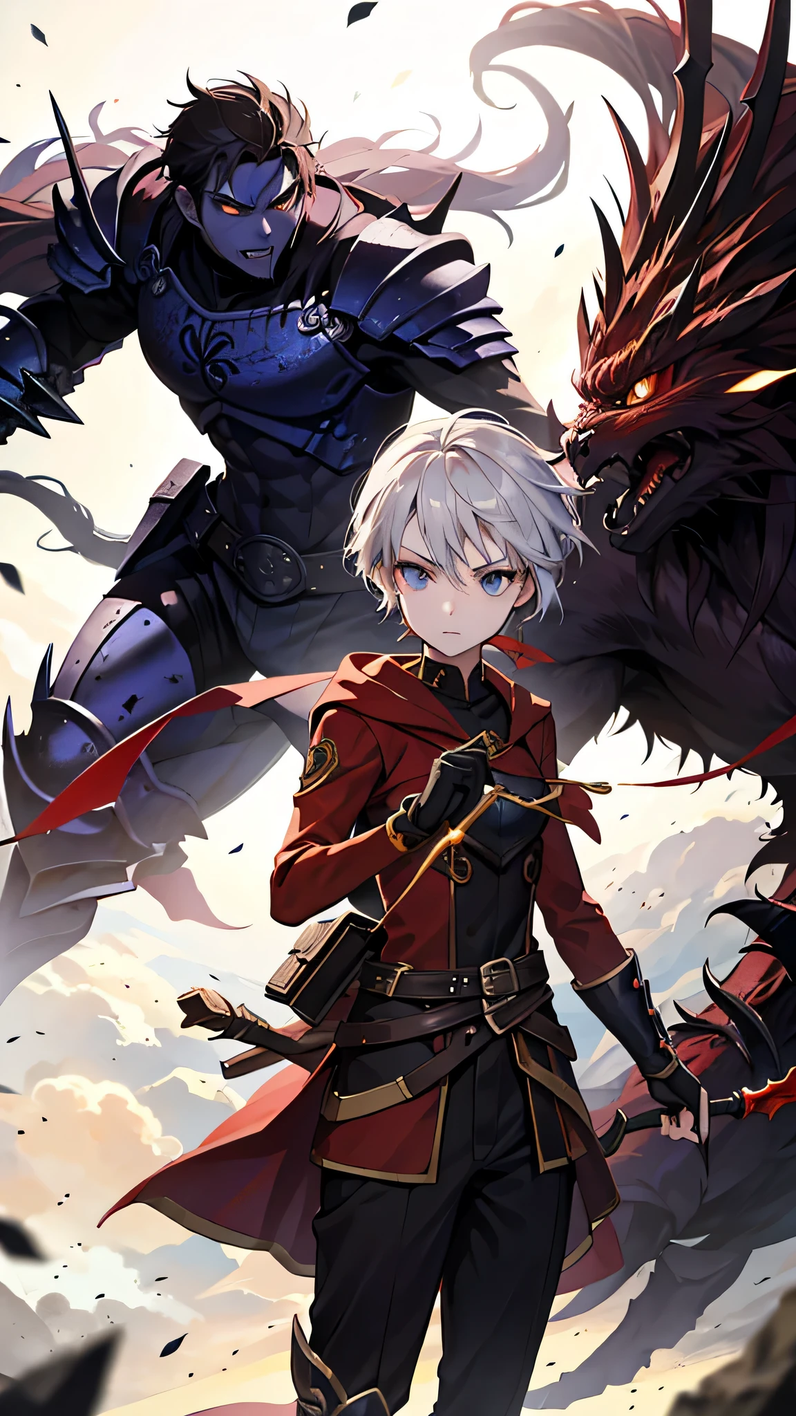 a young boy warrior and a girl archer on the right side of the image fighting a legion of shadow monsters on the left side of the image