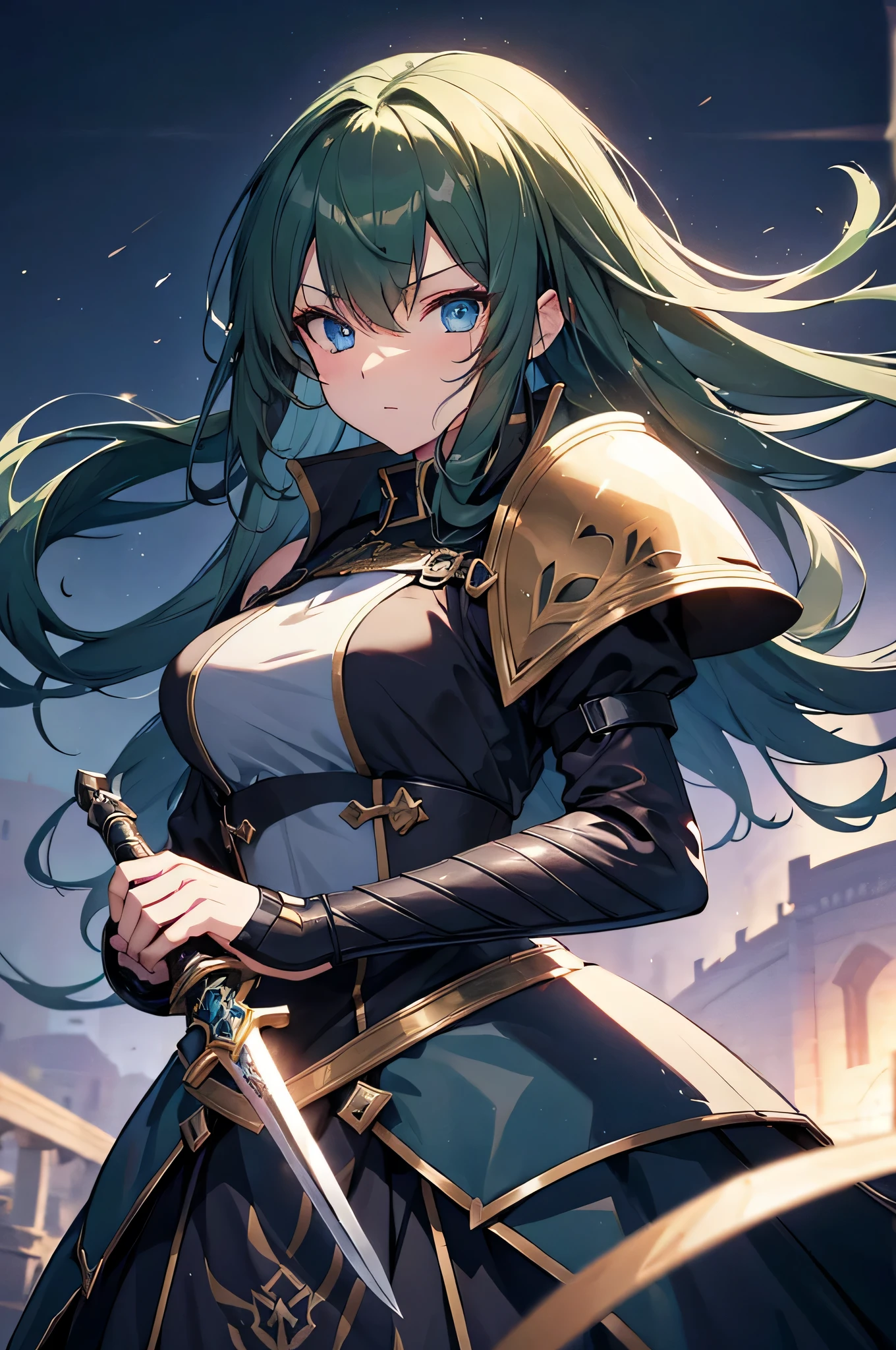4K,High resolution,one woman,dark green hair,long hair,blue eyes,knight,黒色のknightの鎧,heavy armor,knightのヘッドバイザー,gold decoration,big sword,Inside the castle