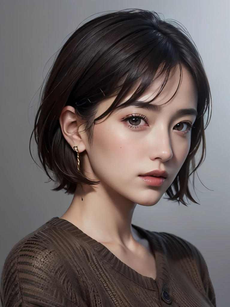 (Representative Works: 1.3), (8k, photorealistic, raw photos, Highest image quality: 1.4), (30 years old mature woman),small face, beautiful face, (realistic face),no makeup、natural makeup、light makeup、 (Dark brown, short hair: 1.3), beautiful hairstyle, realistic eyes, beautiful detailed eyes, (Photorealistic skin), beautiful skin, (sweater),small chest、Bust B Cup、 disorganized, Charm, 超High definition, Super realistic, High definition, golden ratio, FF Tifa、Gray background、