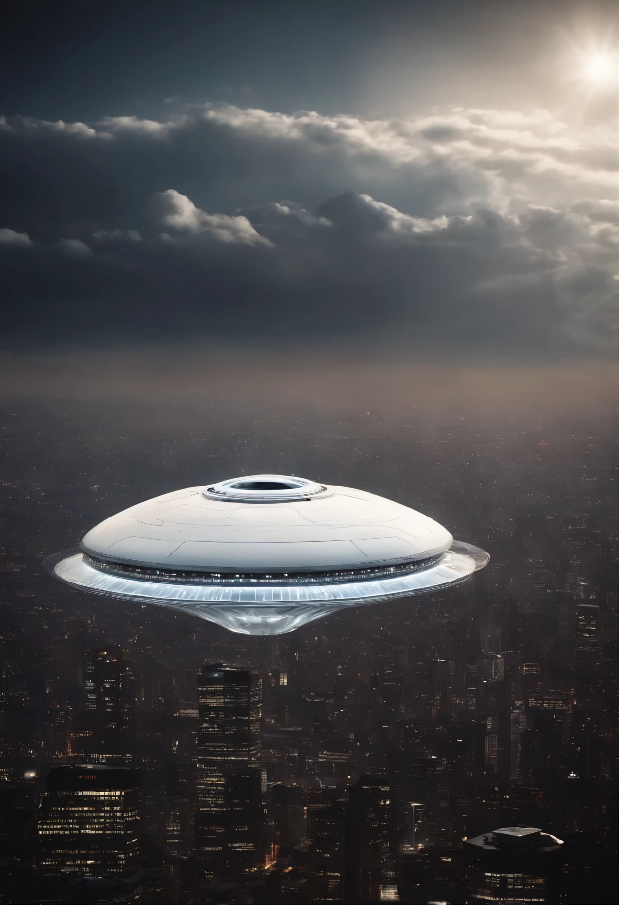 A photo-realistic capturing of the flying giant white discoid alien mothership with a huge diameter, hovering at an altitude of 1 kilometer above big city, interstellar, spaceship, (Best Quality, 16K, Masterpiece, Ultra HD:1.3, Huge detail, hyper realistic, epic scale, insane level of details)
