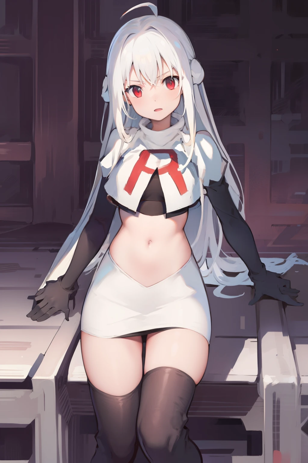 NinymGP, ahoge,best quality, masterpiece, highres, team rocket,team rocket uniform, red letter R, white skirt,white crop top,black thigh-highs,black elbow gloves,