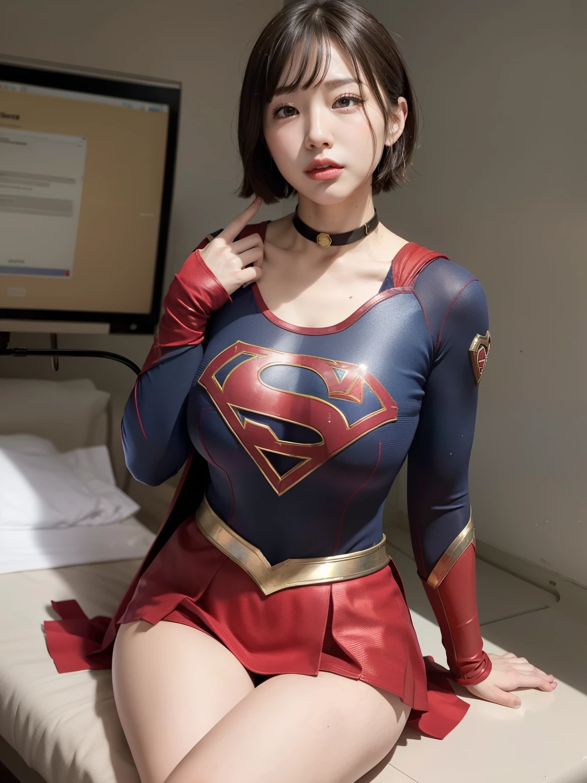 masterpiece、Supergirl costumes、short hair、barefoot、big and full breasts、Experimental Facilities、operating table、straddle、Tattered、shiny、look at the camera、Seduce、choker、red mini skirt、long sleeve
