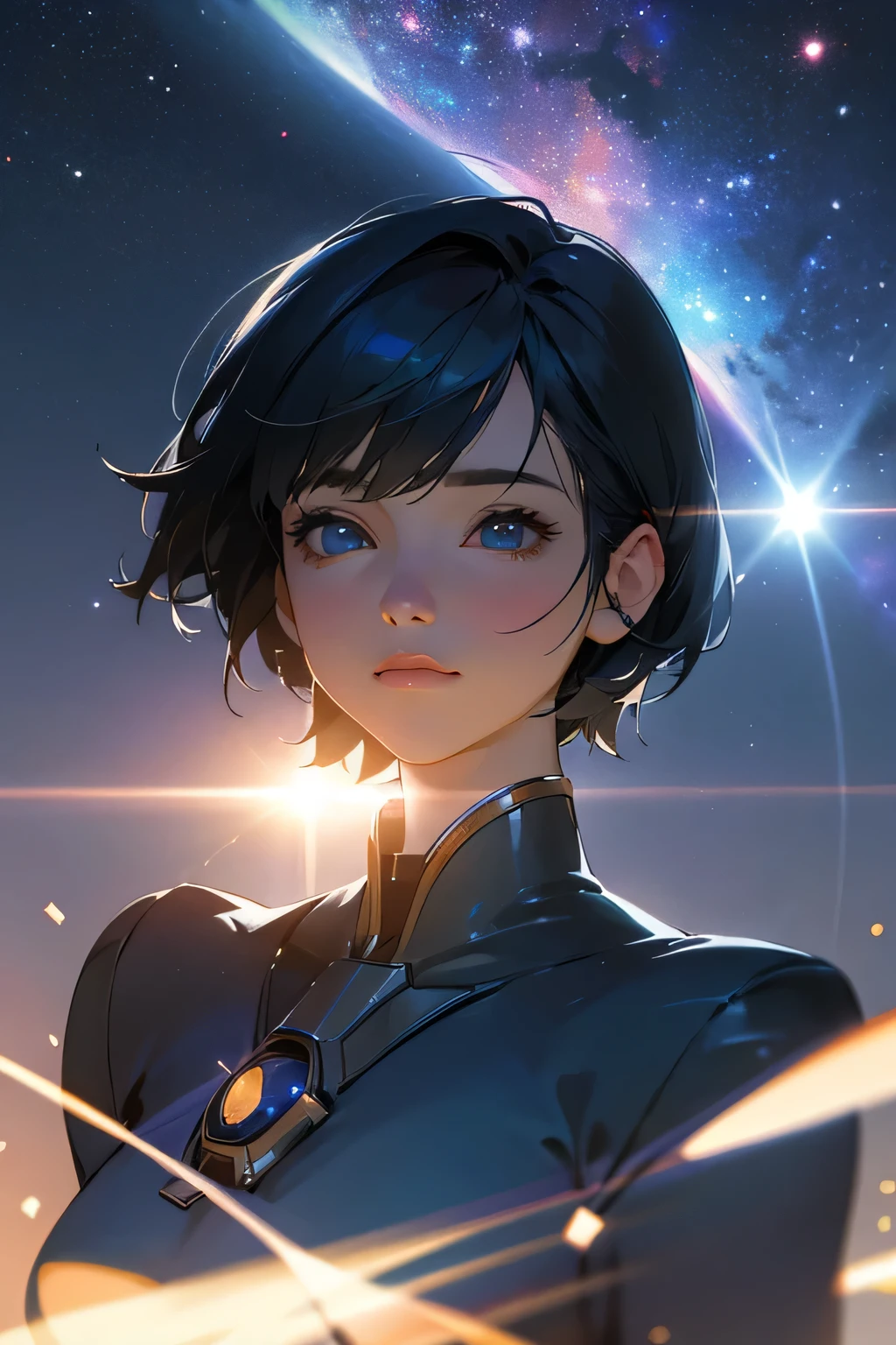 masterpiece, highest quality, Super detailed, High resolution, (realistic, photo-realistic:1.37), excellent anatomy, 1 beautiful woman, anime girl, night, blue light behind her, ((Milky Way, Lens flare)), short hair, flower garden, night sky, cinematic shots, wallpaper, (blue color scheme), detailed background, city in the distance, best light, best shadow, Mysterious, perfect face, very detailed,