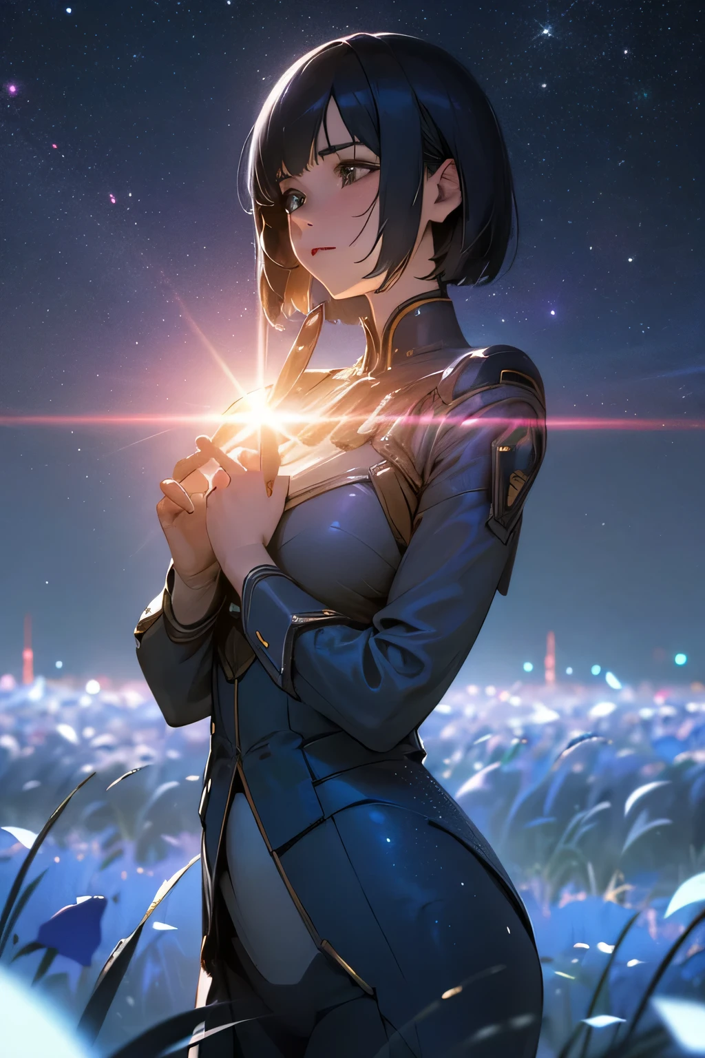 masterpiece, highest quality, Super detailed, High resolution, (realistic, photo-realistic:1.37), excellent anatomy, 1 beautiful woman, anime girl, night, blue light behind her, ((Milky Way, Lens flare)), short hair, flower garden, night sky, cinematic shots, wallpaper, (blue color scheme), detailed background, city in the distance, best light, best shadow, Mysterious, perfect face, very detailed,