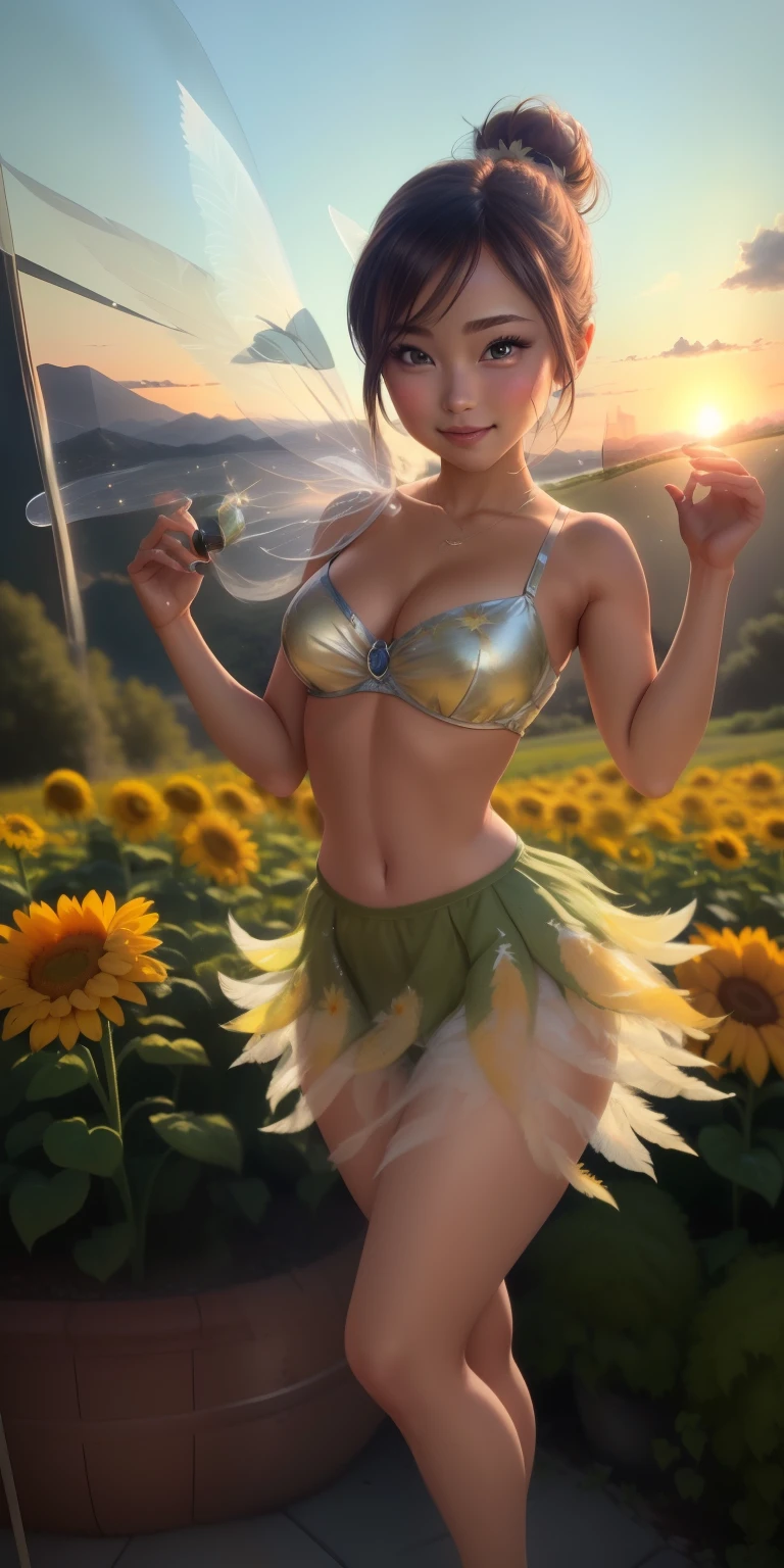 (Tinker Wife:1),Tinker Bell、mini skirt、clear feathers、spread legs,show white panties,are flying、beautiful woman、 smile, cute, cute pose, looking at the viewer, thick thighs, single hair bun hair, ponytail hair, (Strapless Green Dress:1),grassland、flower garden、sunflower、 (fairy wings), are flying, (chest focus:1.2), From above, 
(realistic:1.2), (realism), (masterpiece:1.2), (highest quality), (Super detailed), (8K, 4K, Complex),(full body shot:1),(cowboy shot:1.2), (85mm),particles of light, lit, (very detailed:1.2),(detailed face:1.2), (Gradation), software, colorful,(fine eyes:1.2),
(detailed landscape, in a glass bottle:1.2),(detailed background),detailed landscape, (dynamic angle:1.2), (dynamic pose:1.2), (third law_composition:1.3), (Action range:1.2), wide shot, dawn, alone,