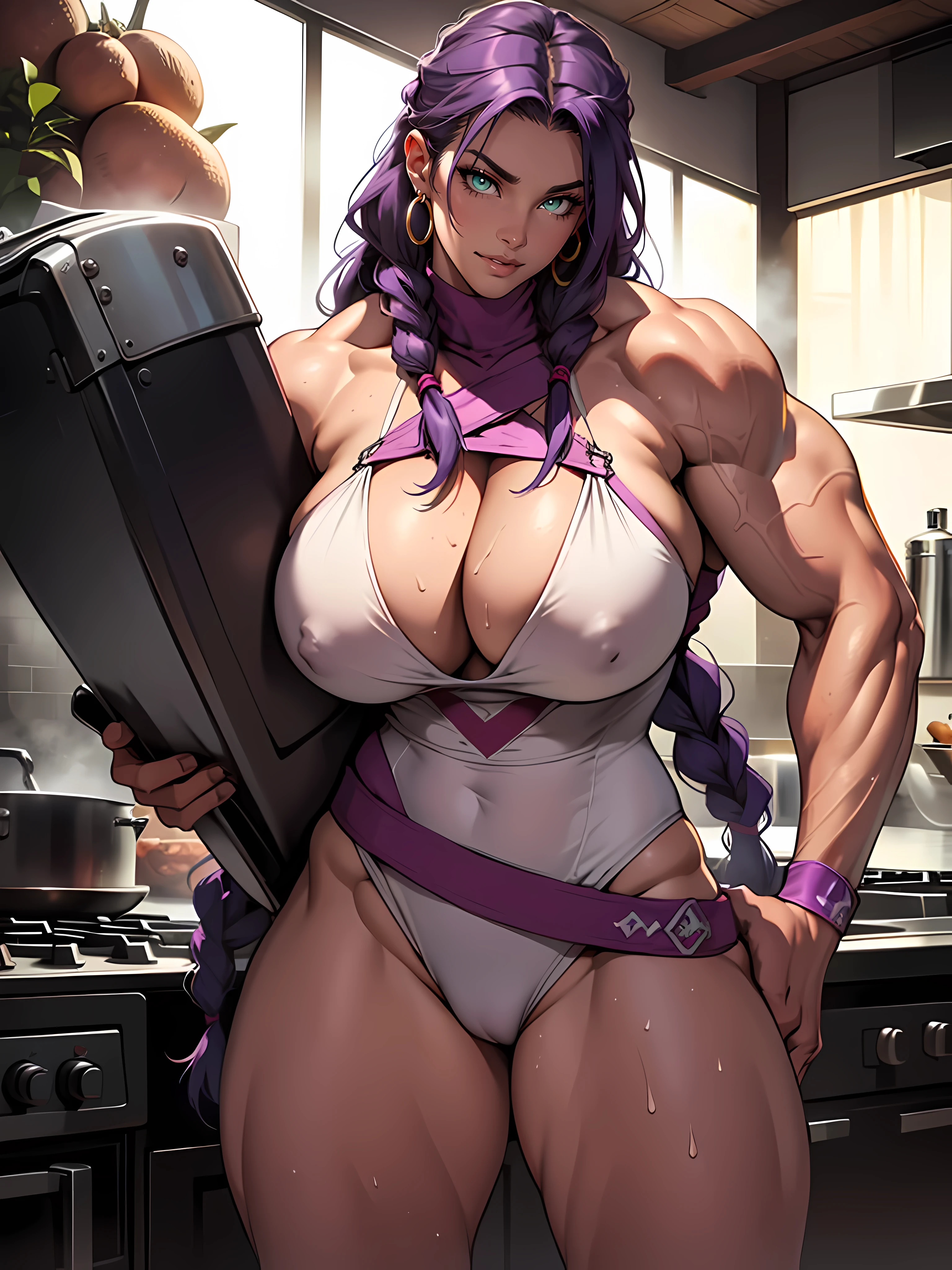 mother, milf, mature female, housewife, kitchen, busty, huge boobs, huge breasts, sweating, purple hair, long braids , high detail, close up, symmetrical, high quality, absurdres, high res, ultrasharp, 8K, masterpiece, extreme attention to detail, perfect face,Realistic, (masterpiece, top quality, best quality, official art,) very detailed, most detailed, (1woman:1.3), nsfw, (((accurate anatomy))), (((Huge breasts))), ((long legs)), ((Female Bodybuilder)), ((((Muscular Legs)))), ((((Huge Muscles))))