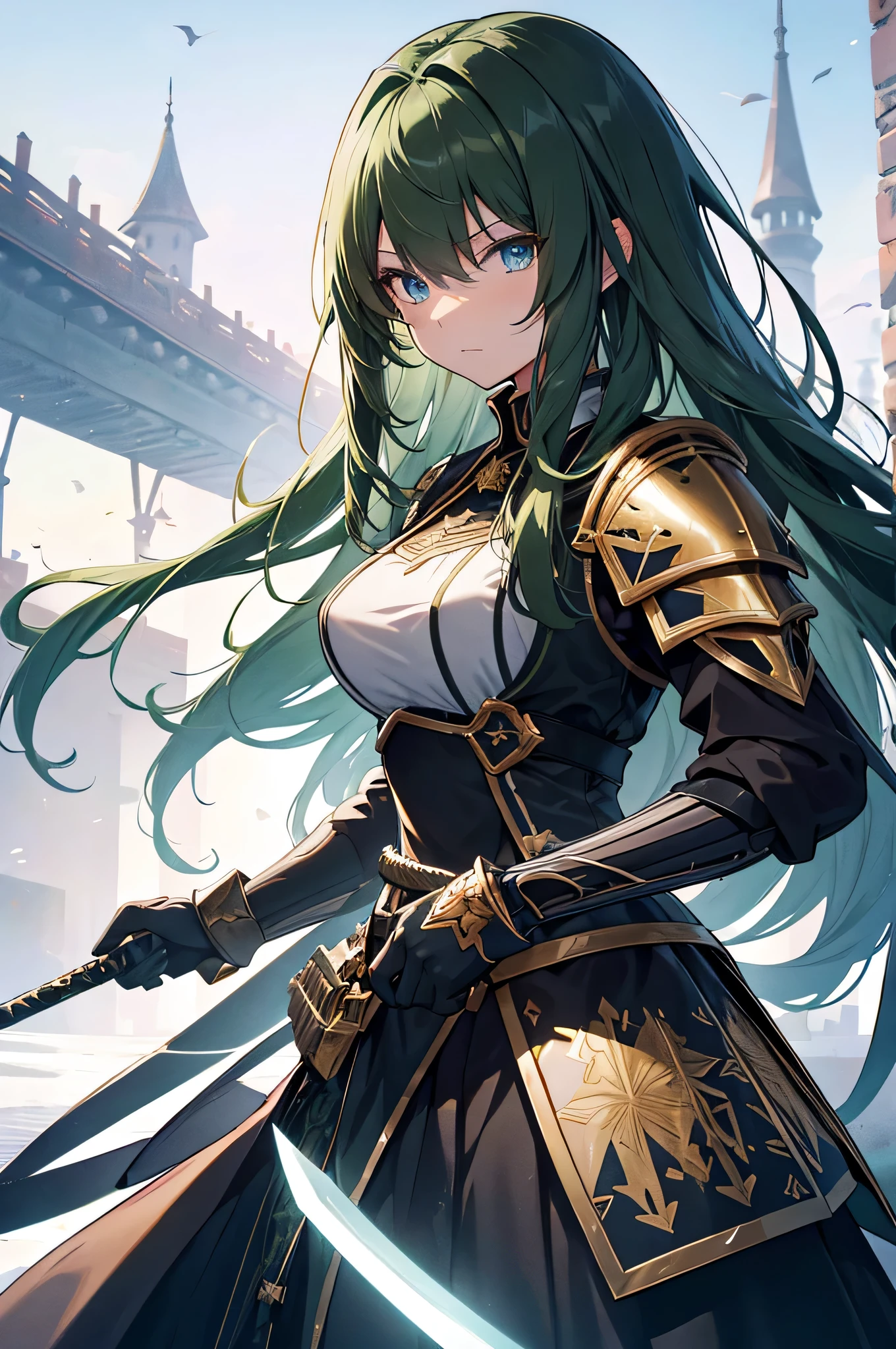 4K,High resolution,one woman,dark green hair,long hair,blue eyes,knight,黒色のknightの鎧,heavy armor,knightのヘッドバイザー,gold decoration,big sword,Inside the castle