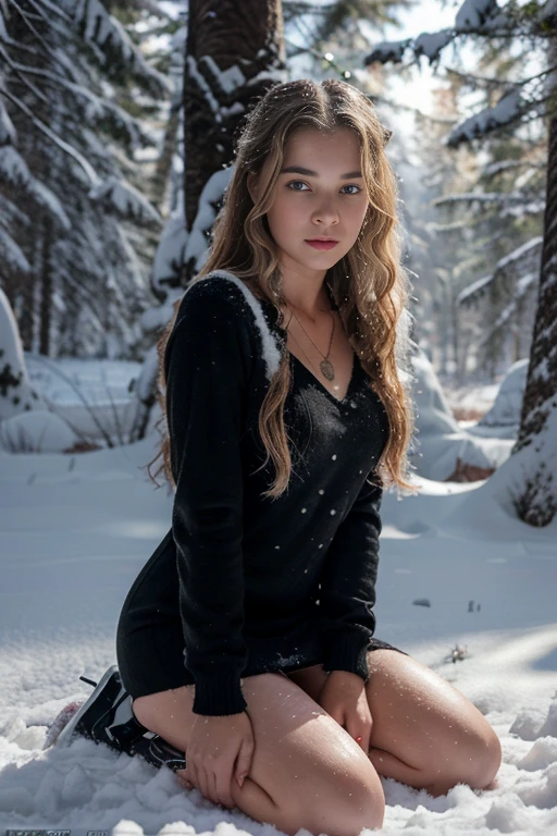 Masterpiece, Best Quality, Russian girl , teenaged, Bl , Curly, Medium-length hair without styling, Snow on wet hair , Short dress with long sleeves, Bracelet on the left wrist, necklace around the neck, Black openwork stockings, high-heeled shoes, His skin was covered with goosebumps, Kneeling in deep snow in the middle of a winter forest, looks into the distance, Snowy Wild Forest, It's cold, snowing, beatiful face, Freezes, Lips turn blue, Thin body, shapely legs, steam from the mouth, tears in eyes, Mascara smeared around the eyes ,Terrified, frightened look ,Deep Snow, Snowflakes are falling, The body turns red ,Cold, teardrops,hysterics,dread,