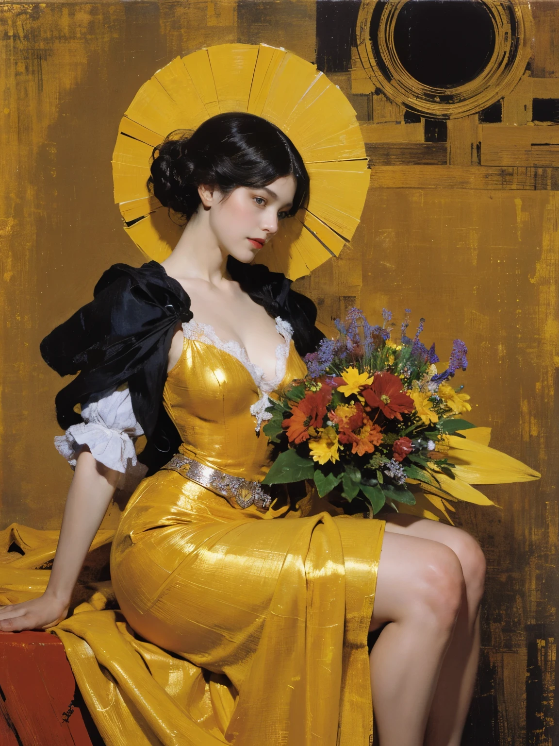 (masterpiece, top quality, best quality, official art, beautiful and aesthetic:1.2), (1girl), extreme detailed,(fractal art:1.3),colorful,highest detailed chiaroscuro technique on painting of a woman holding a bouquet of sunflowers in front of a golden background, hyperrealistic art nouveau, chie yoshii, andrey remnev, by Yamagata Hiro, mucha klimt and tom bagshaw, inspired by J. C. Leyendecker, inspired by J.C. Leyendecker, inspired by James C. Christensen