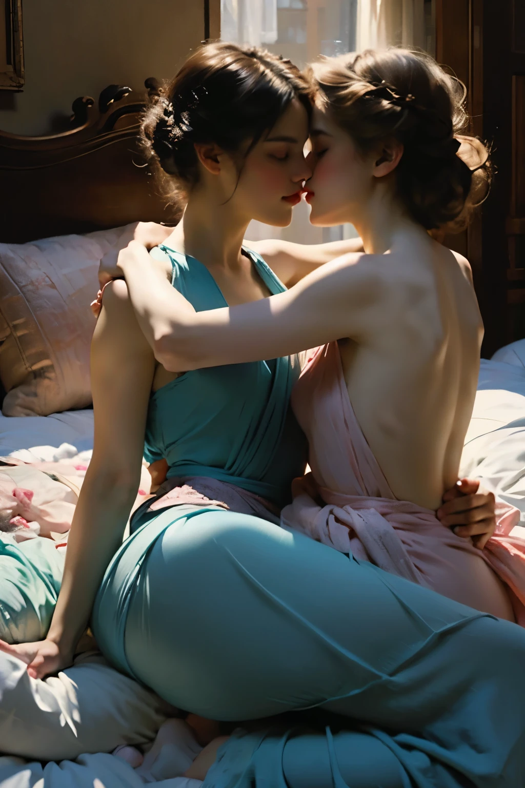 Create an evocative image of  emma watson (hermoine granger) and  natalie portman 9padme amidala), side by side outside a spaceship, resting on a bed, resting on a bed,  gazing silently towards the horizon where the warm hues of a setting sun paint the sky in nostalgic colors. Cinematic lighting. boxer shorts, loose singlet top. hug. kiss. passionate gentle kiss on the lips. kissing. looking at each other. grabbing buttocks. consensual. Bliss. chiaroscuro technique on  illustration of an elegant oldies , wet hair, vintage, eerie, matte painting, by Hannah Dale, by Harumi Hironaka, extremely soft colors, vibrant, highly detailed, digital illustrations , high contrast, dramatic, refined, tonal, emotional expression, golden ratio, ((mulher baseada na personagem chun li)), seios grandes, medium hips, ((ultra realista)), ((top-quality, 8K)), (Realistic), (Face Focus: 1.1), (cyan colors: 1.3), Kawaii Girl, short-hair, 
Hair fluttering in the wind, Facing to the side, Look up at your face, Eyes closed, (Sleeveless: 1.1)、Skirt, D Cup Breasts,Countless petals