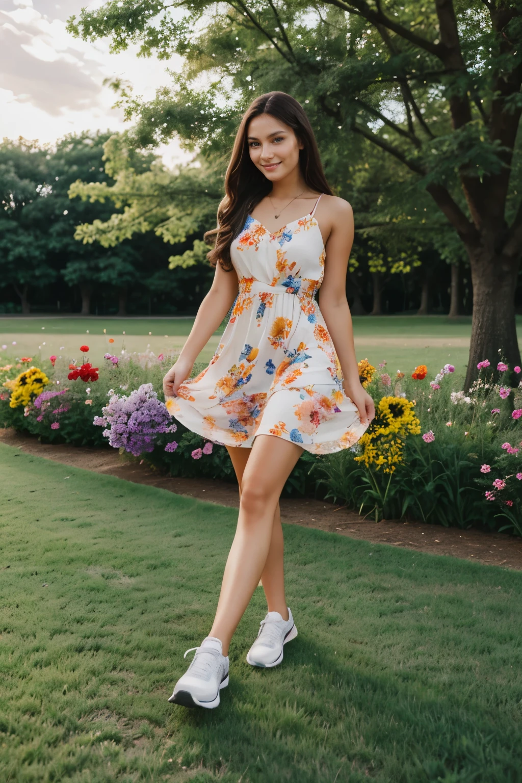 Full body shot, young 25 years old, beautiful brunette, 1girl, colourful summer long dress, sport shoes, background trees, flowers,