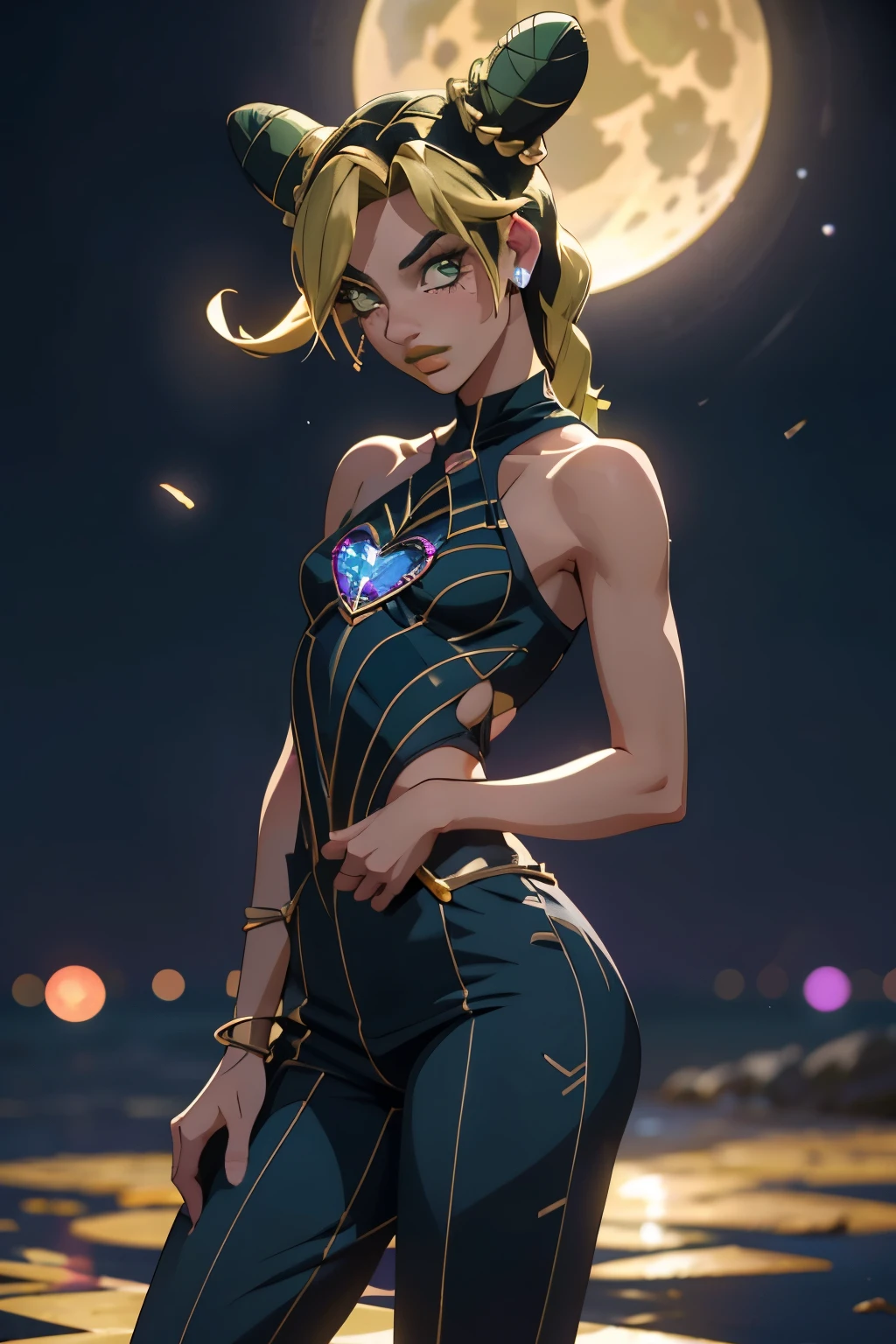  Jolyne, (Cristales, bokeh brillante), (pechos enormes:1.25), escote, caderas anchas, small waist, clavicle, labios separados, maquillaje, sonrojarse, piel brillante, Noche, reflecion, luna llena, Luz de la luna, rosa. Sexy