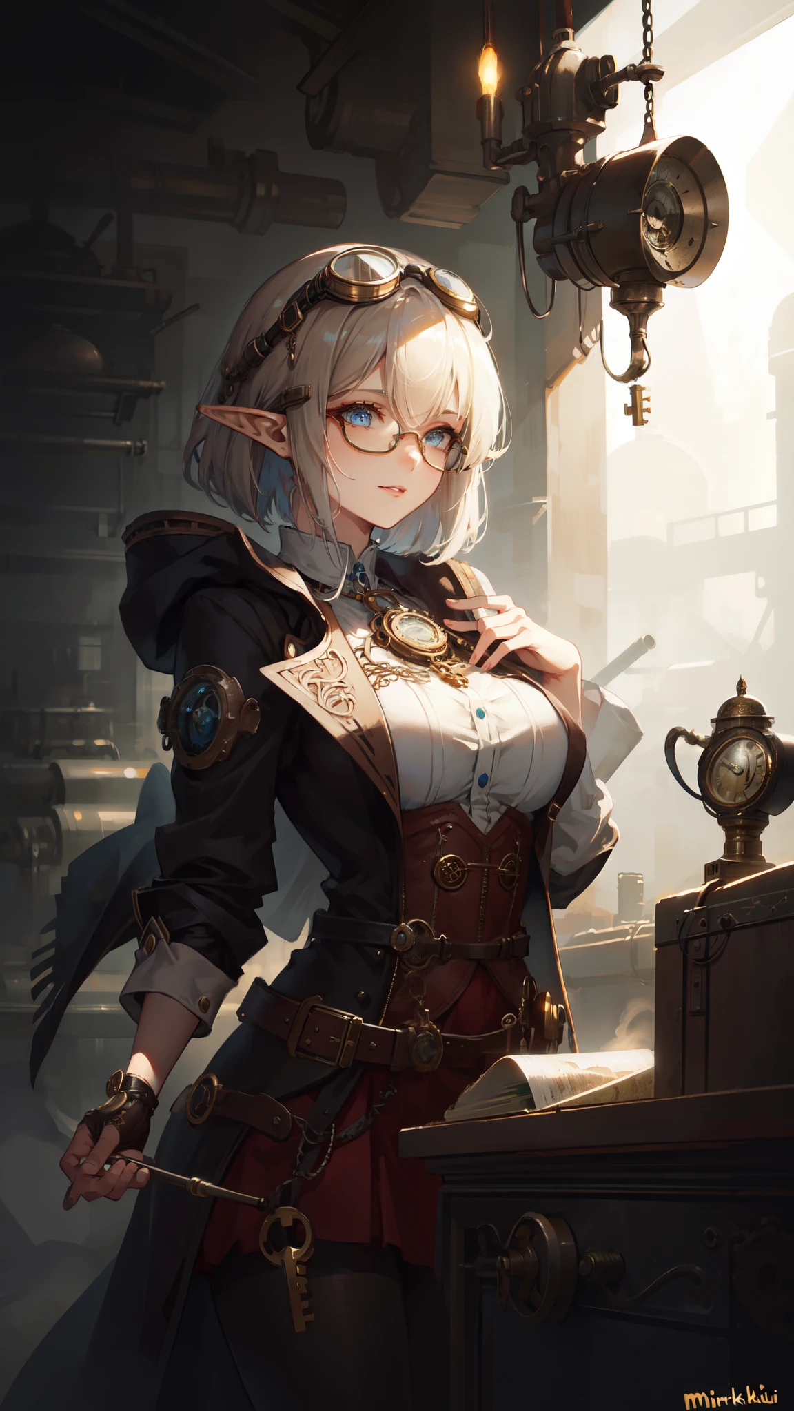 ((masterpiece )), (top quality), (best quality), ((ultra-detailed, 8k quality)), Aesthetics, Cinematic lighting, (detailed line art), Beautiful digital artwork, Exquisite digital illustration, absurdres,
BREAK,
beautiful elf girl using tools next to a desk, in a factory, Workshops, waterr pipe, water tank, 18 century, (steampunk helmet with goggles), steampunk_costume, (avairy coat), glasses, cell shading, cinematic dramatic atmosphere, high quality cell shaded illustration in Fantasy steampunk style by Yoji Shinkawa, detailed and intricate environment, artstation, concept art, Dynamic angle, fluid and sharp focus, by ((Mikimoto Haruhiko)),
BREAK,
(best shadow), intricate details, interior, dark studio, muted colors, key spring-enhanced, clockwork, bronze, copper, steel, dangerous, sharp, intricately detailed dramatic atmospheric, (steam punk), SteamPunkAI, CogPunkAI,
BREAK,
highly detailed of (elf), (1girl), perfect face, details eye, Bob cut hair, Blunt bangs, (hair between eye), blonde white hair, blue eyes, eyelashes, eyeshadow, pink eyeshadow, smile, design art by Artgerm, by Kawacy, By Yoshitaka Amano,
BREAK,
((perfect anatomy)), nice body, medium breast, (extremely detailed finger), best hands, perfect face, beautiful face, beautiful eyes, perfect eyes, (perfect fingers), correct anatomy,