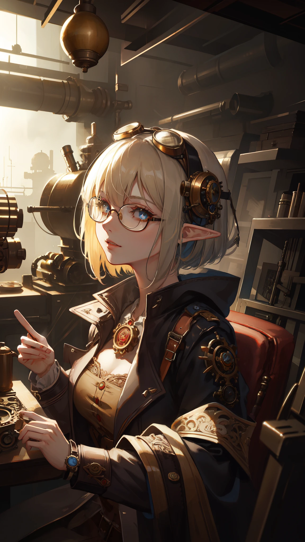 ((masterpiece )), (top quality), (best quality), ((ultra-detailed, 8k quality)), Aesthetics, Cinematic lighting, (detailed line art), Beautiful digital artwork, Exquisite digital illustration, absurdres, 
BREAK,
beautiful elf girl using tools next to a desk, in a factory, Workshops, waterr pipe, water tank, 18 century, (steampunk helmet with goggles), steampunk_costume, (avairy coat), glasses, cell shading, cinematic dramatic atmosphere, dynamic angle, high quality cell shaded illustration in Fantasy steampunk style by Yoji Shinkawa, detailed and intricate environment, artstation, concept art, fluid and sharp focus, by ((Mikimoto Haruhiko)),
BREAK,
(best shadow), intricate details, interior, dark studio, muted colors, key spring-enhanced, clockwork, bronze, copper, steel, dangerous, sharp, intricately detailed dramatic atmospheric, (steam punk), SteamPunkAI, CogPunkAI,
BREAK,
highly detailed of (elf), (1girl), perfect face, details eye, Bob cut hair, Blunt bangs, (hair between eye), blonde white hair, blue eyes, eyelashes, eyeshadow, pink eyeshadow,  smile, design art by Artgerm, by Kawacy, By Yoshitaka Amano,
BREAK, 
((perfect anatomy)), nice body, medium breast, (extremely detailed finger), best hands, perfect face, beautiful face, beautiful eyes, perfect eyes, (perfect fingers), correct anatomy, 