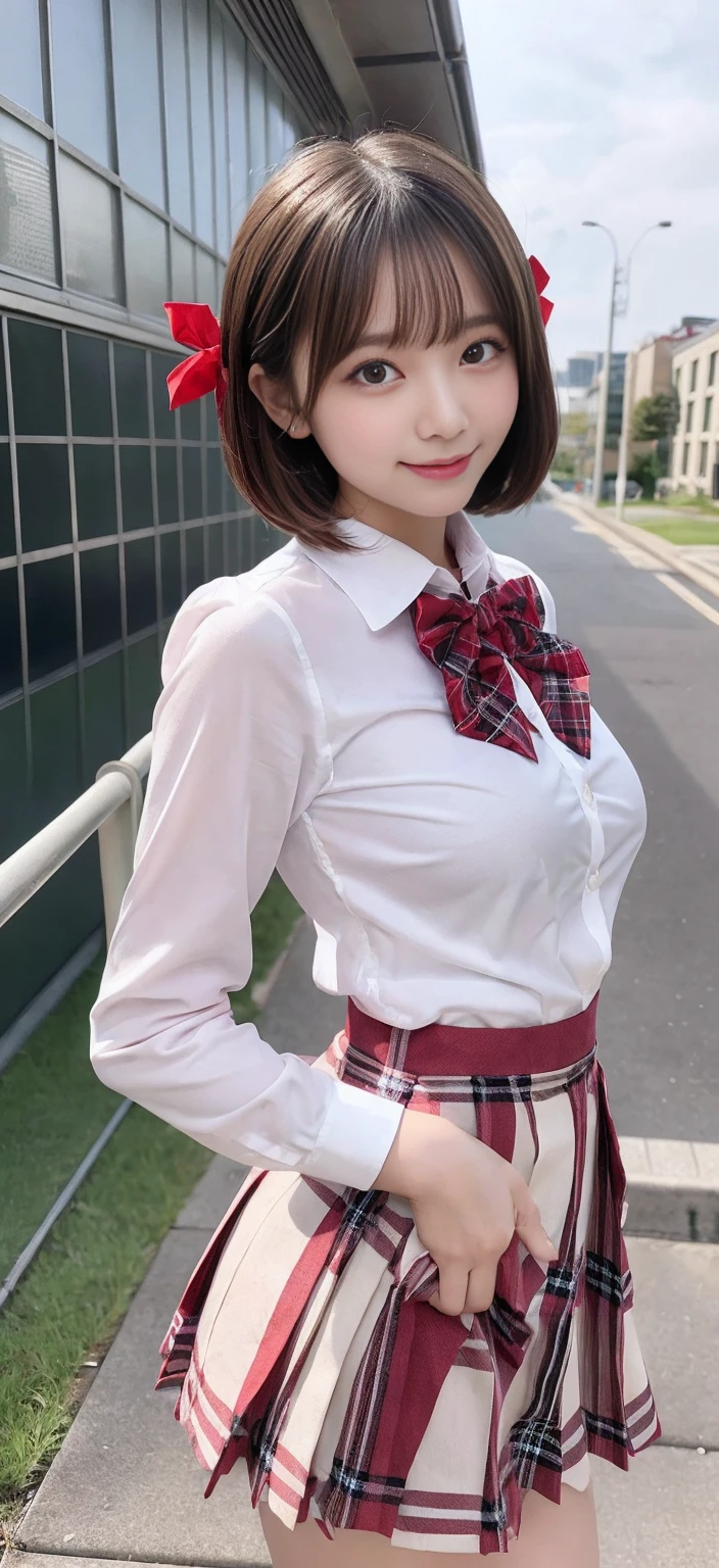 highest quality, High resolution, perfect pixel,  8K, 1 girl, single、  beautiful girl、I could see the whole body、 bob cut, realistic eyes, ((detailed face, blush:1.2)), realism, big breasts, dynamic angle, naked body,  ((red bow tie, school uniform, , white shirt, plaid skirt))、Angle looking up from the bottom of the stairs、Very embarrassing panic smile、Open your mouth and be surprised、 looked back、leaning forward、(The wind flipped my skirt and exposed my butt.、stick out your butt、Touching the buttocks with both hands、white panties)