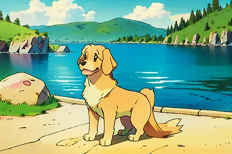 draw a golden retriever in the style of a water type Pokémon. There is a lake in the background.