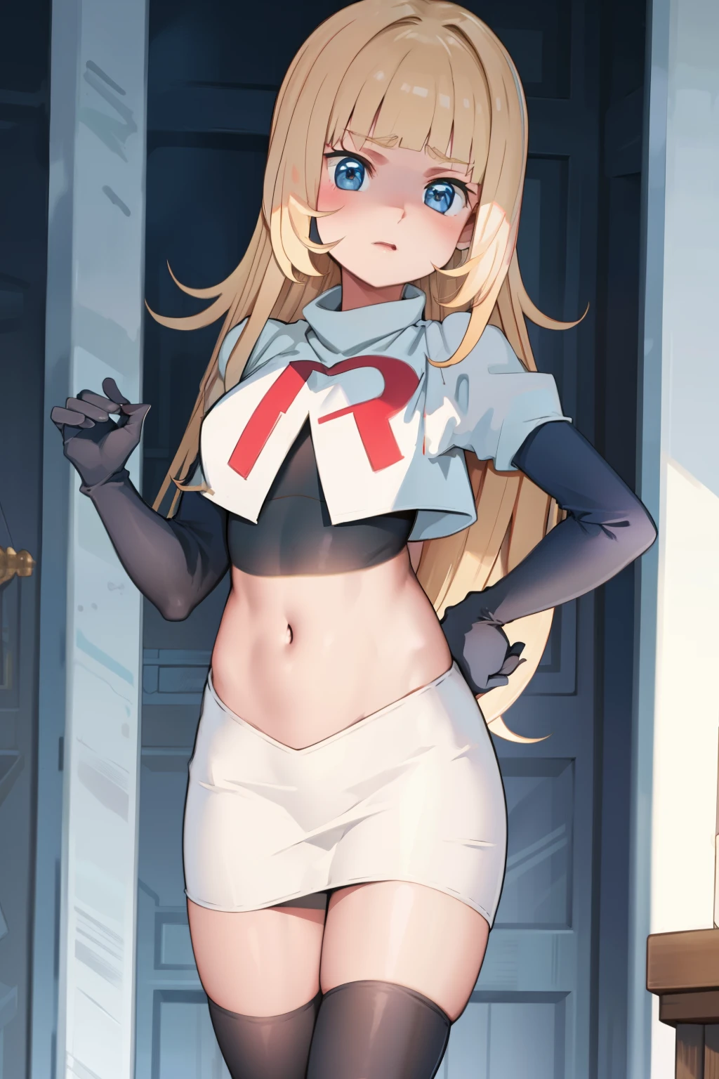 masterpiece, best quality, SvnV4, 1girl, solo, team rocket,team rocket uniform, red letter R, white skirt,white crop top,black thigh-highs,black elbow gloves,