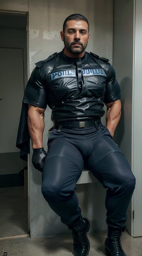 Masterpiece, highest quality, Ultra-Realistic, one man, full body shot, Italian policeman, italian, italian police uniform, rugged, muscular, big biceps, big forearms, bodybuilder body, hairy, very short hair, buzz cut hairstyle, masculine, manly, serious, patrolling, police boots, police gloves, looking directly at viewer, rugged face, Chiselled face, dimple in chin, buzz cut, big bulge, highly detailed realistic police uniform:1.5), (big bulge:1.5), patrolling, ((full body shot)), rugged, masculine, manly, muscular!, hairy, tall, 40 years old, full stubble beard, ((tight police uniform)), hairy!!, muscles!!, sweaty, dominating, alpha male, nsfw, ((Italian carabinieri police uniform)), burly, hairy and big forearms, big biceps, bodybuilder body, smiling, ((carabinieri)), (carabinieri blacl tall boots), ((open police shirt:1.6)), ((bubbly perfect ass:1.2)), bodybuilder body, exaggerated muscles, exaggerated hairy, cloth fabric police uniform, sitting on locker bench, legs spread