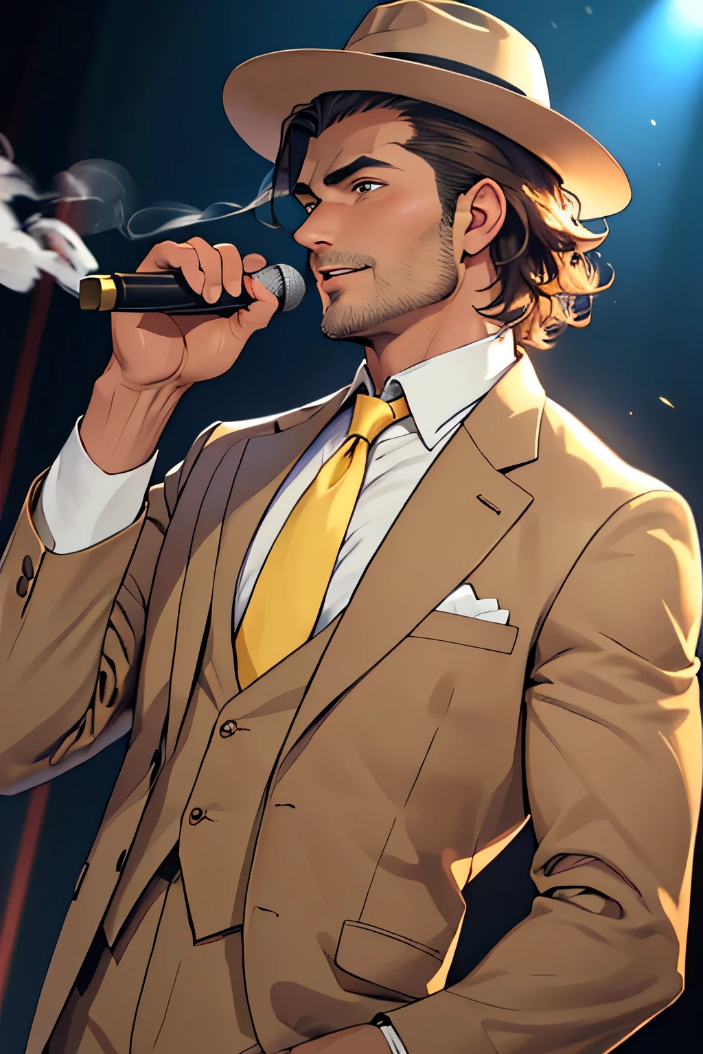 ((best quality)), ((masterpiece)), (detailed), perfect face, A 60 year old man with tan skin. has dark brown hair with a few streaks of white, wavy, slightly curly. Hair is slightly slicked back. Eyes are brown Has light stubble. is wearing a 1950s wool tan suit with a white undershirt. Is wearing a tan fedora with yellow feathers in the band. Serious expression. Smoking. wears a dark blue tie as well. also wears a dark red tie. The background is a dark stage, an old 1950s microphone in front of him. 