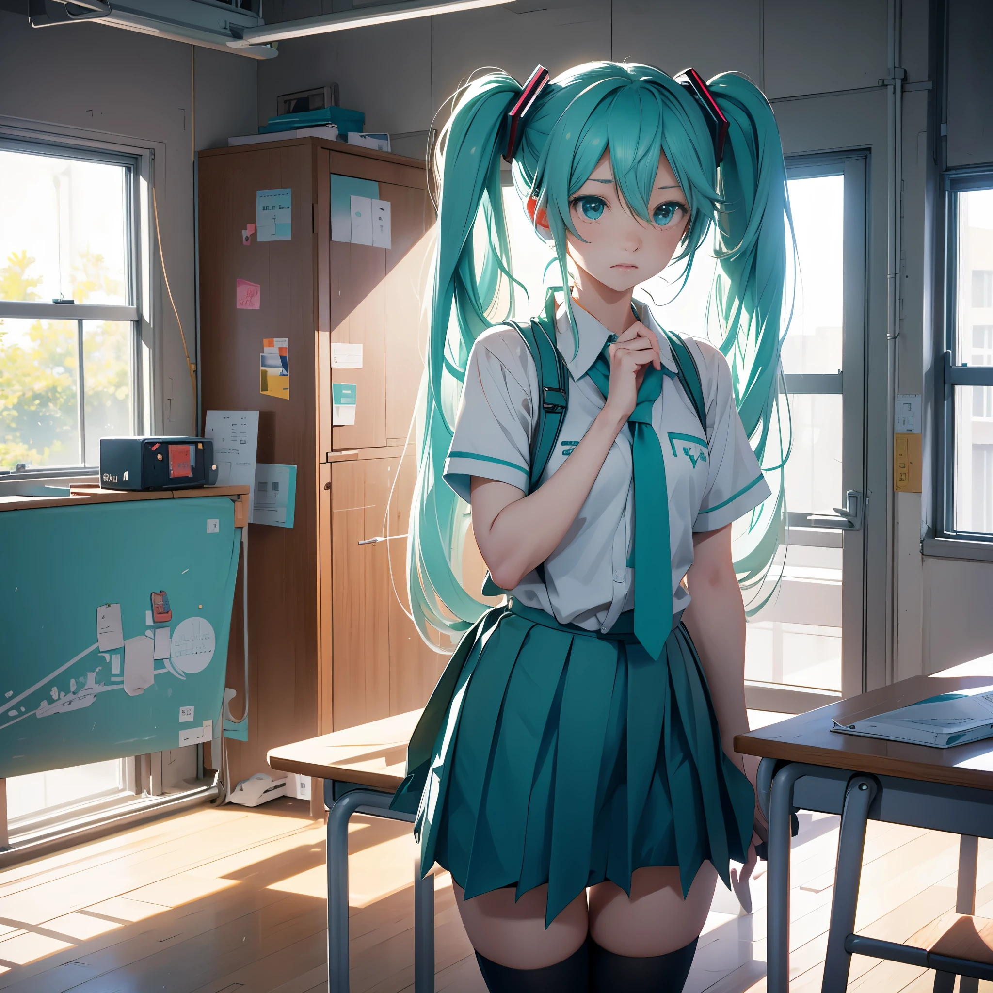Hatsune Miku、one girl、school classroom、Standing in honor、looking down at me、angry face、School uniform