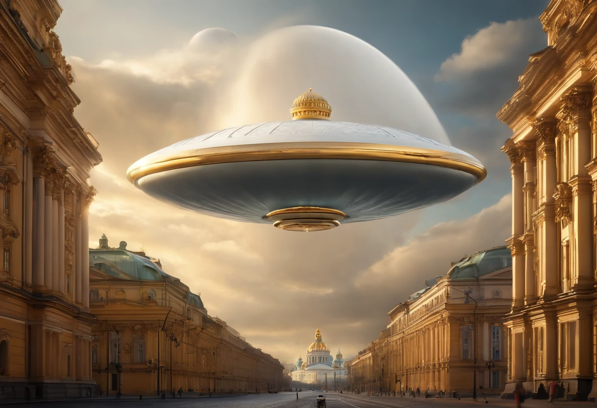 (((St. Petersburg))), (cathedral with a large golden dome), ((A photo-realistic capturing of the flying giant white discoid alien mothership with a huge diameter, hovering at an altitude of 1 kilometer above city)), interstellar, spaceship, (Best Quality, 16K, Masterpiece, Ultra HD:1.3, Huge detail, hyper realistic, epic scale, insane level of details)