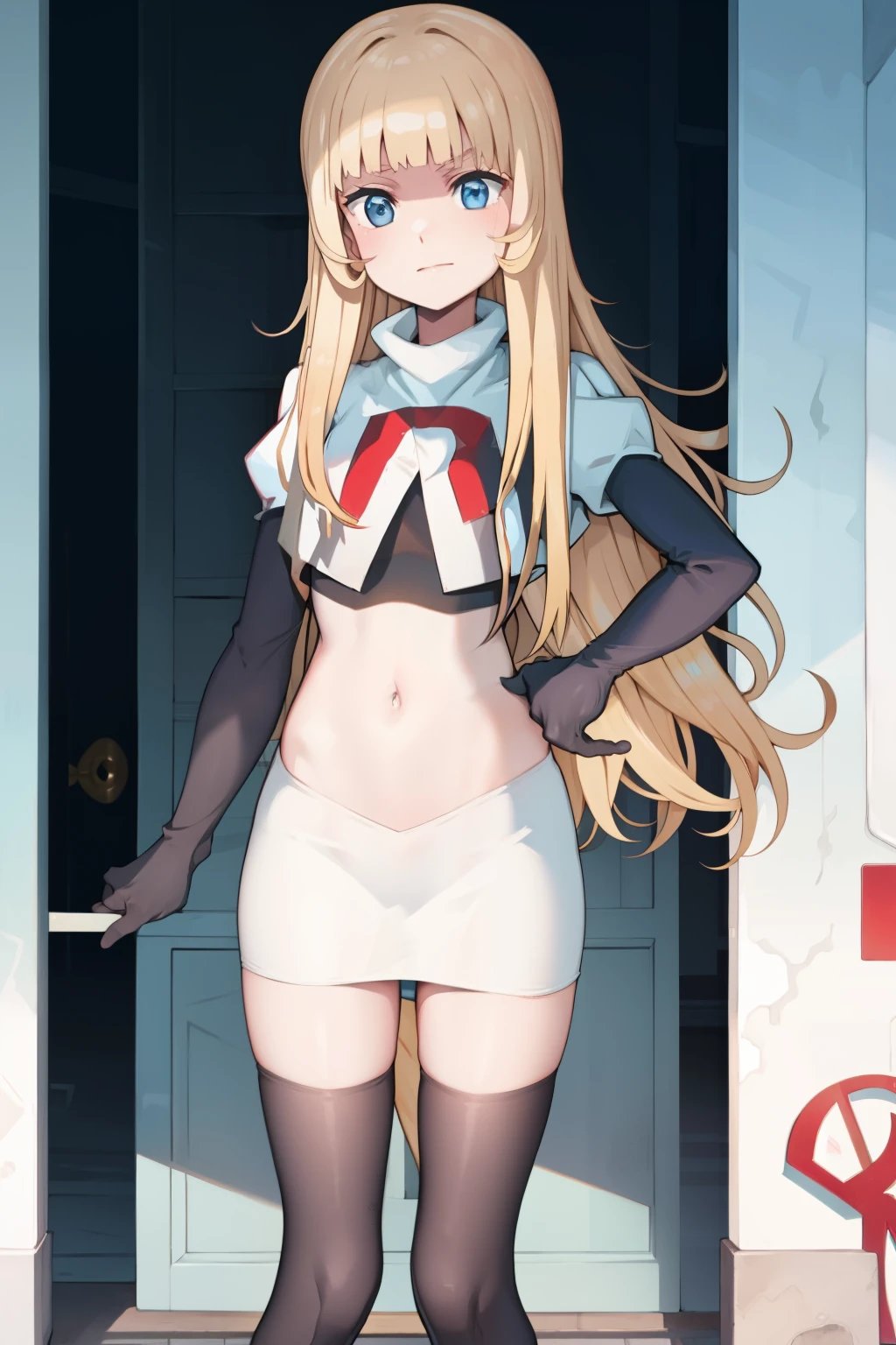 masterpiece, best quality, SvnV4, 1girl, solo, team rocket,team rocket uniform, red letter R, white skirt,white crop top,black thigh-highs,black elbow gloves,