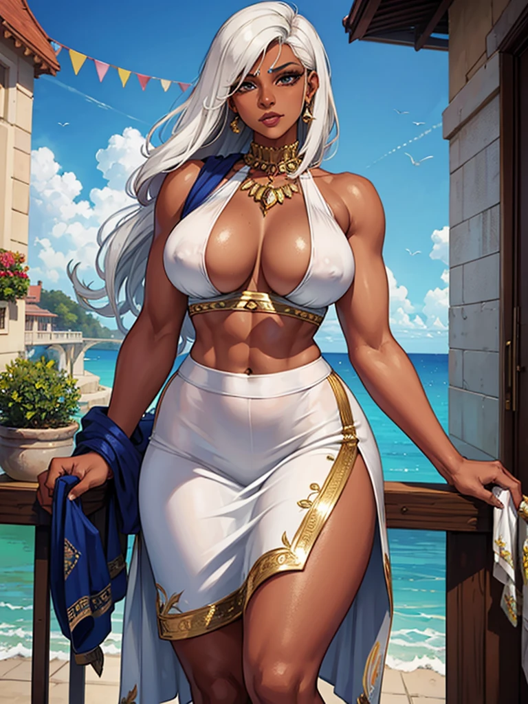 pavna, a 50-year-old indian ifbb, dark skinned, white hair, thick lips, iridescent sheer skirt, shiny gold bra